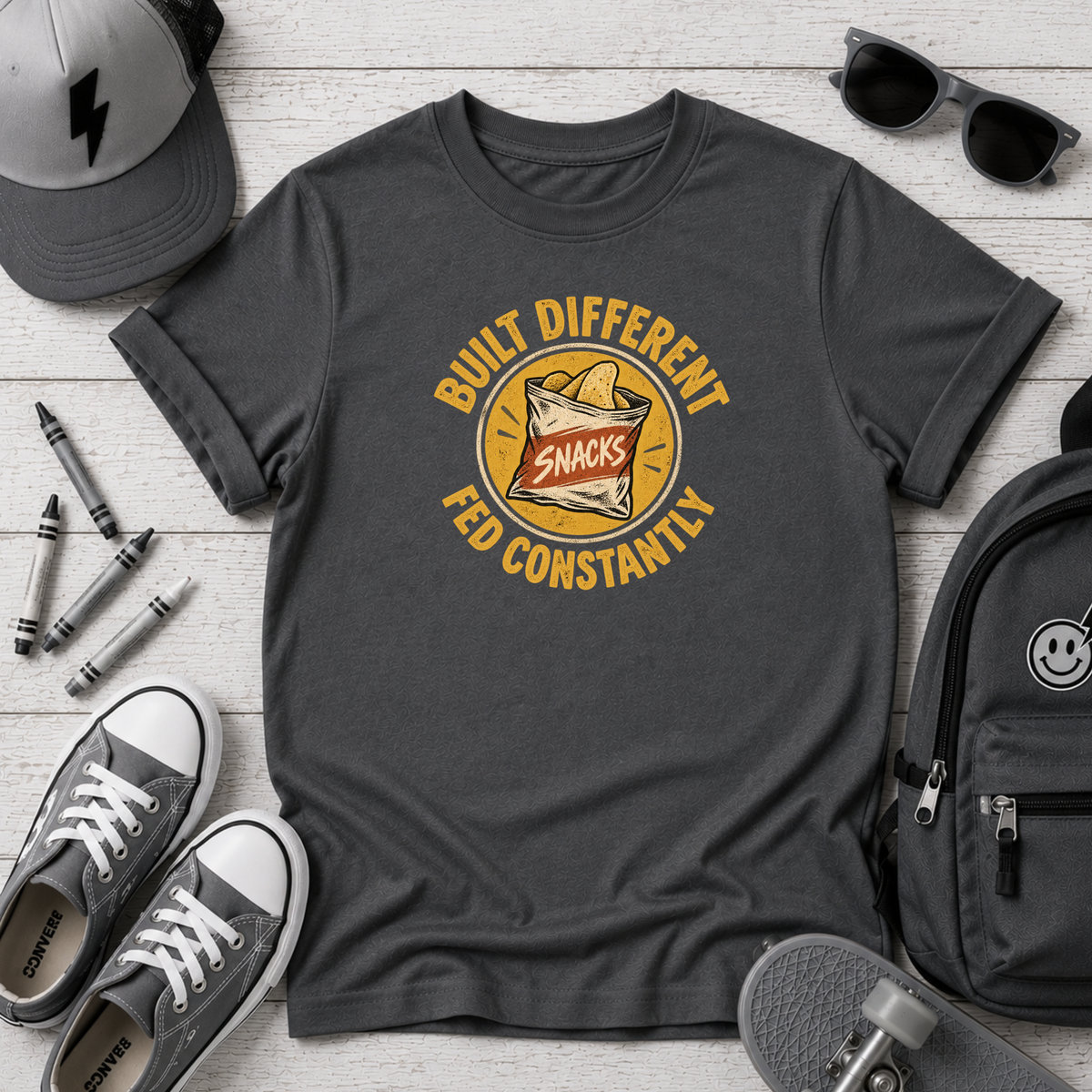 Kids "Built Different, Fed Constantly" Retro Snacks Graphic T-Shirt