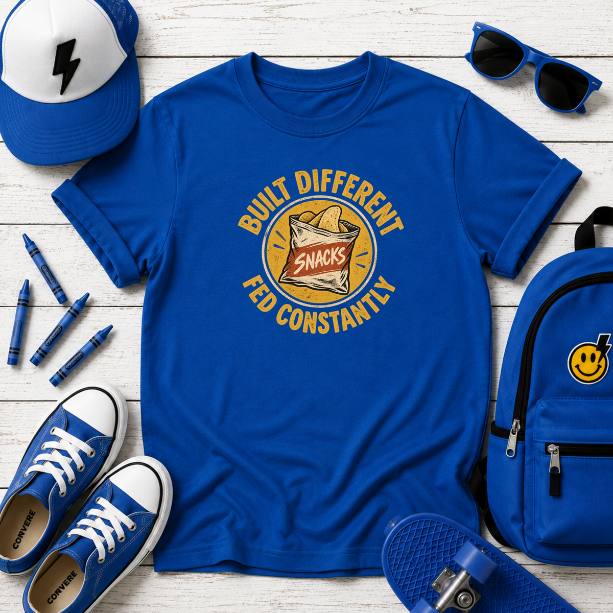 Kids "Built Different, Fed Constantly" Retro Snacks Graphic T-Shirt