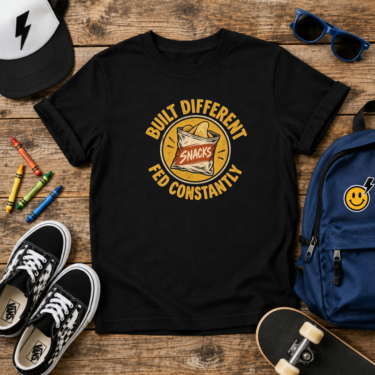 Kids "Built Different, Fed Constantly" Retro Snacks Graphic T-Shirt