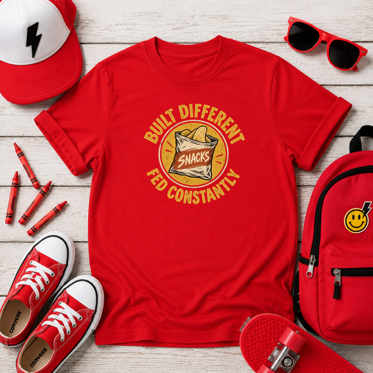 Kids "Built Different, Fed Constantly" Retro Snacks Graphic T-Shirt