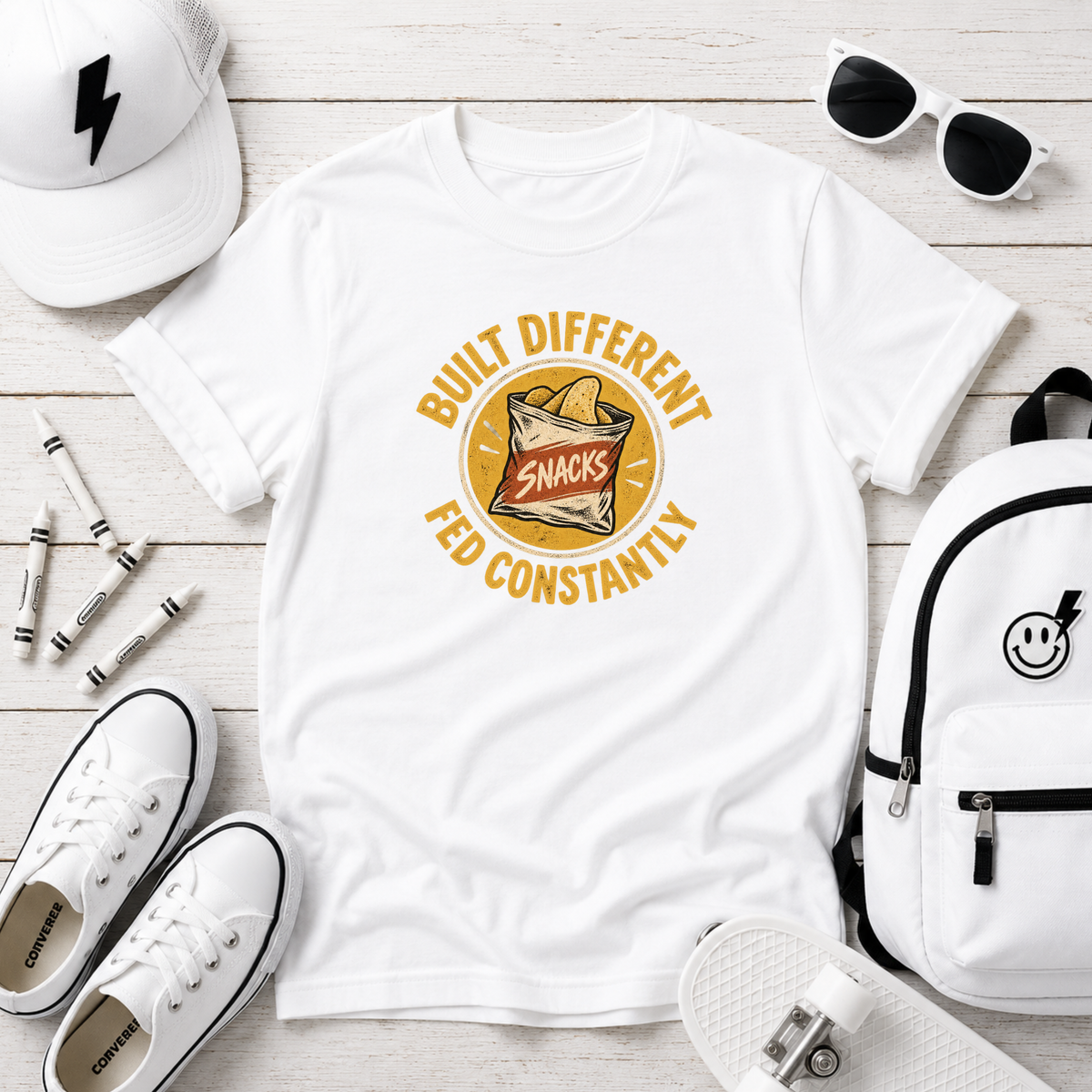 Kids "Built Different, Fed Constantly" Retro Snacks Graphic T-Shirt