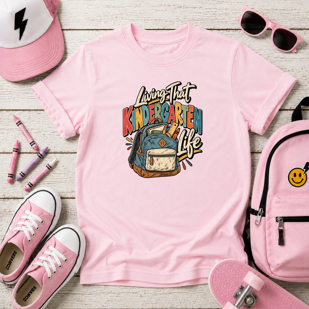 Kids "Living That Kindergarten Life" School Backpack Graphic T-shirt