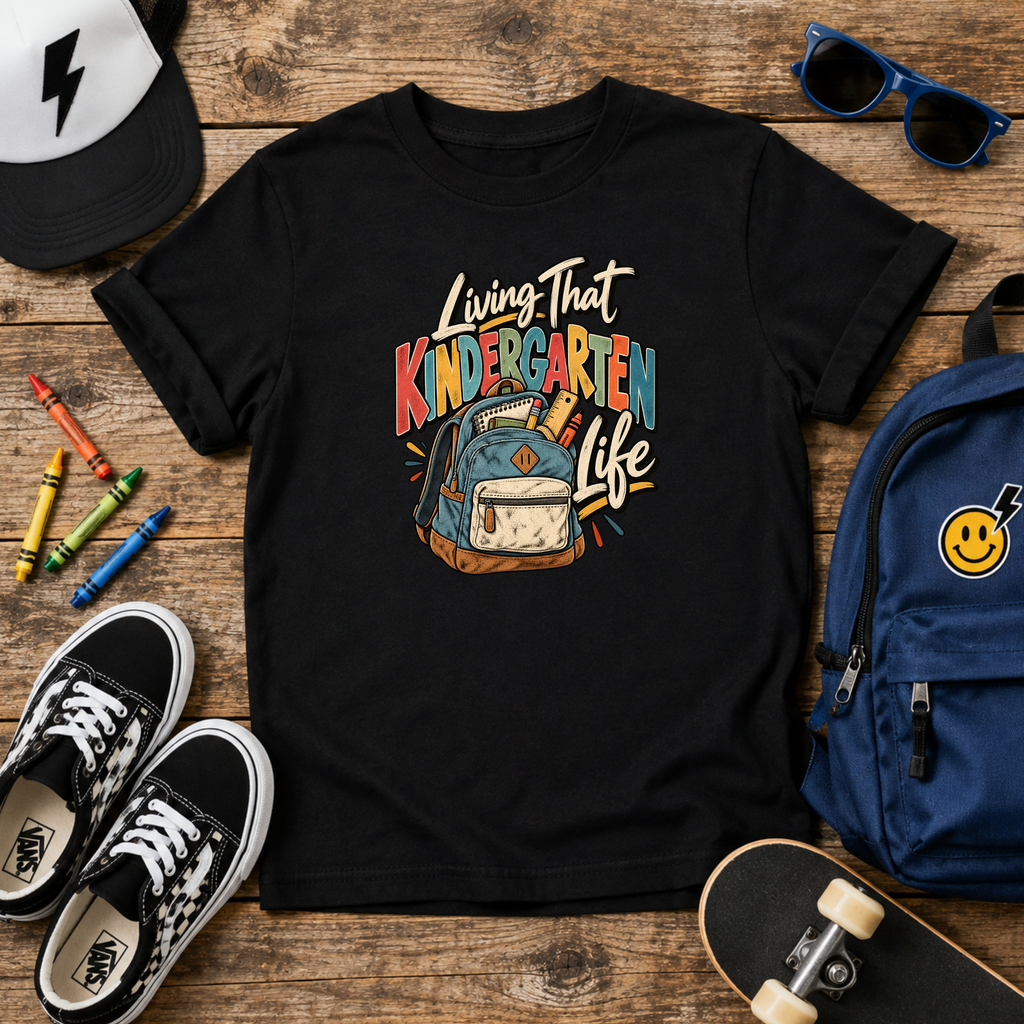 Kids "Living That Kindergarten Life" School Backpack Graphic T-shirt