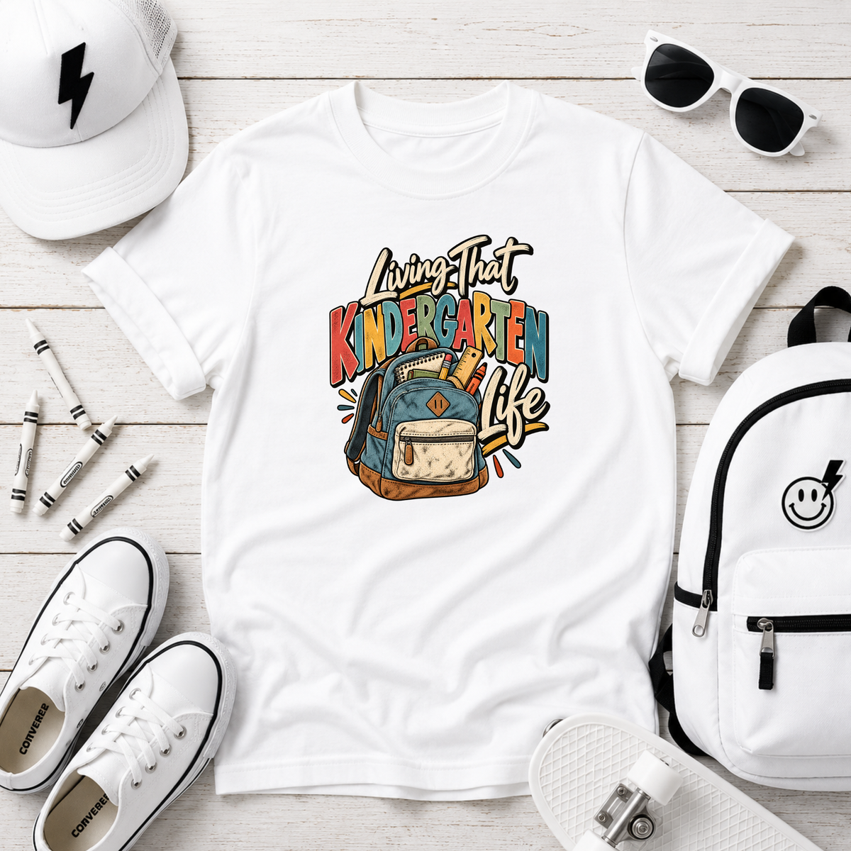 Kids "Living That Kindergarten Life" School Backpack Graphic T-shirt