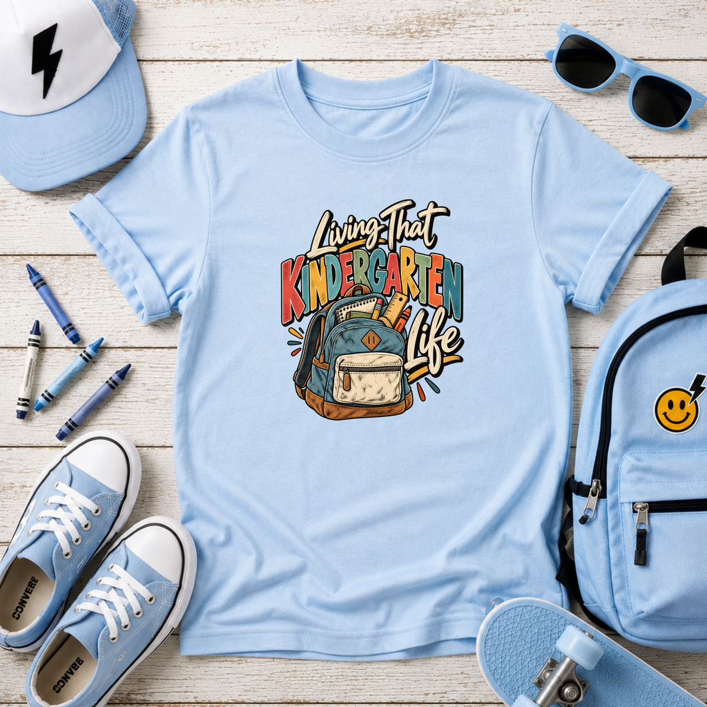 Kids "Living That Kindergarten Life" School Backpack Graphic T-shirt