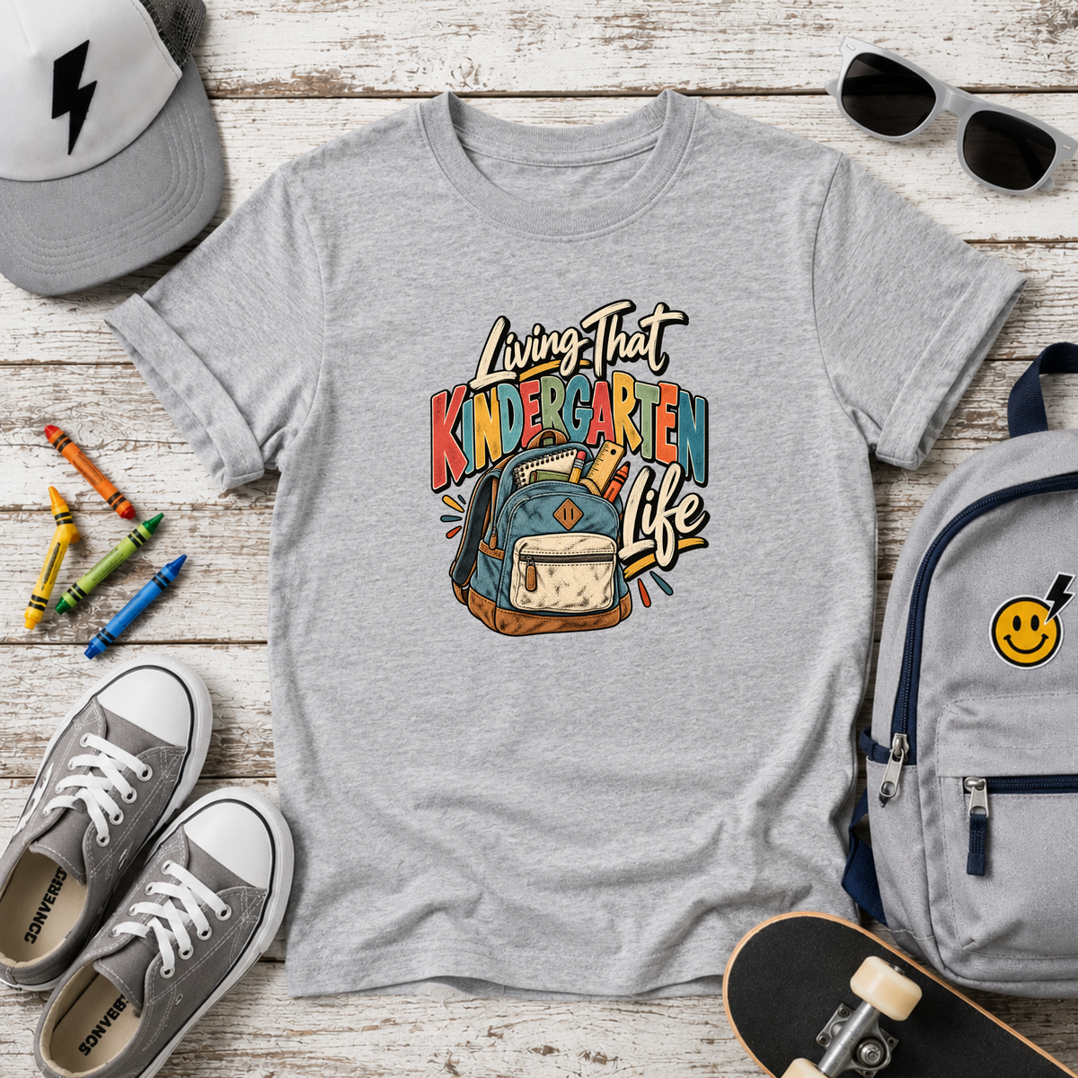 Kids "Living That Kindergarten Life" School Backpack Graphic T-shirt
