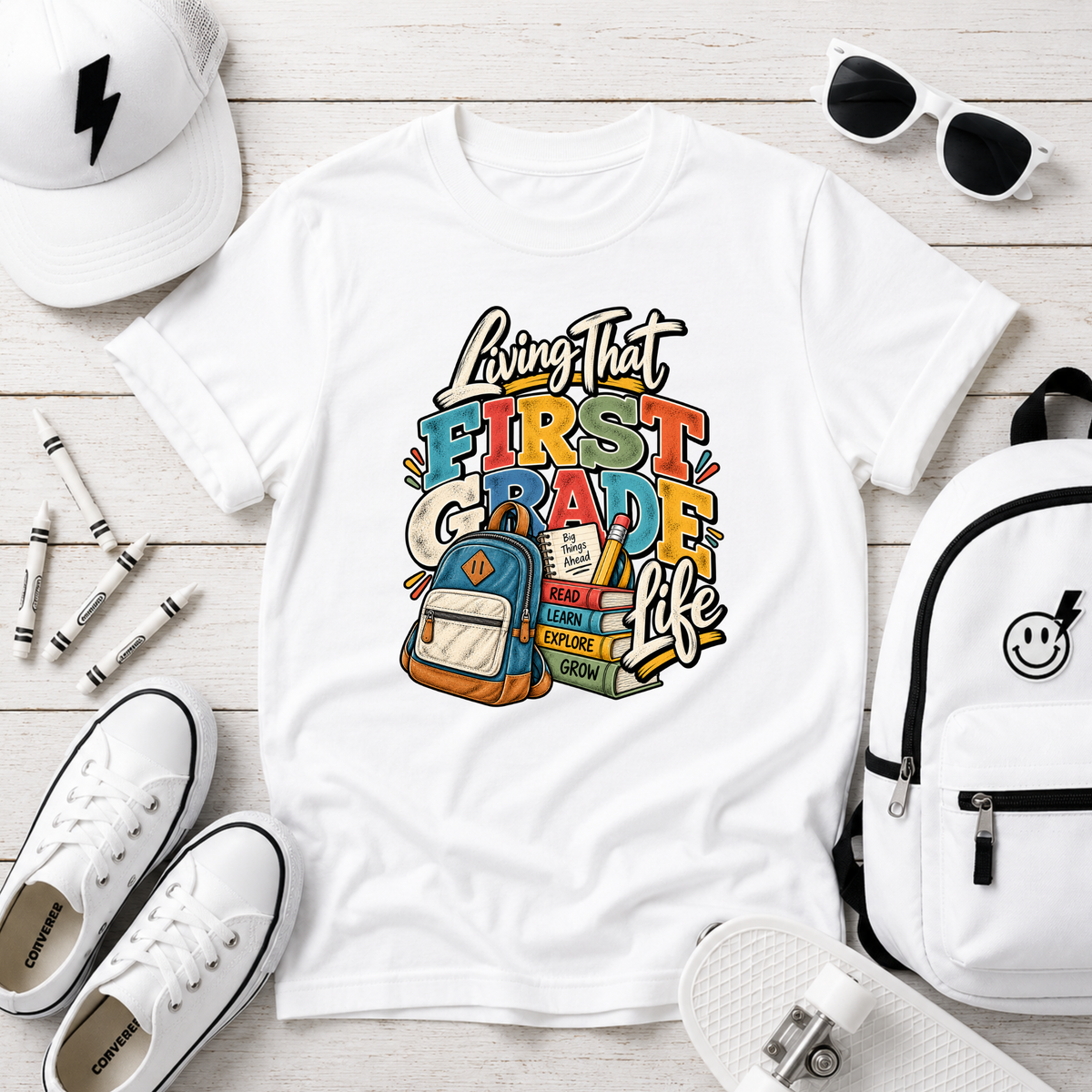 Kids "Living That First Grade Life" Back-to-School Graphic Shirt