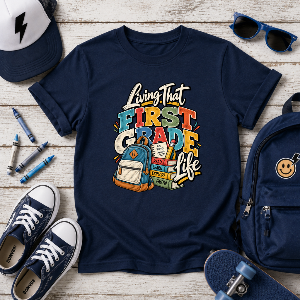Kids "Living That First Grade Life" Back-to-School Graphic Shirt