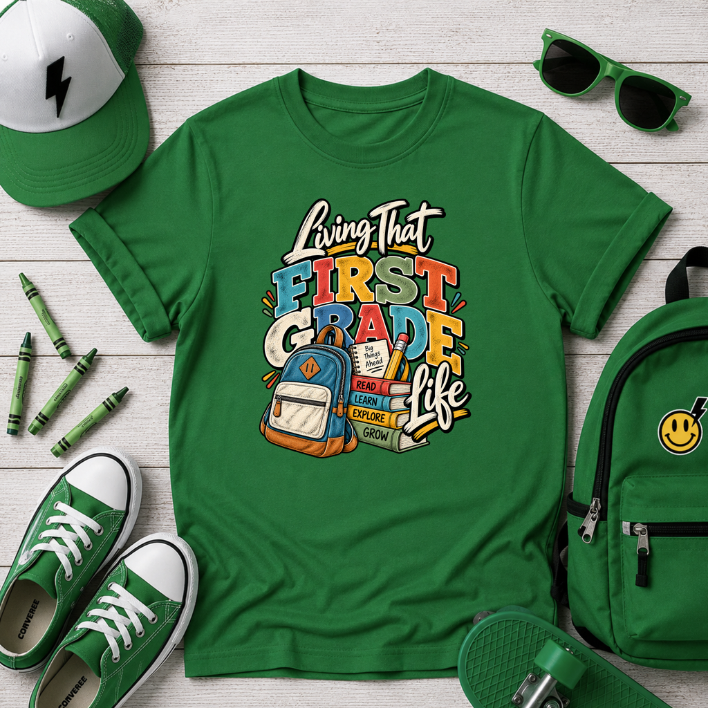Kids "Living That First Grade Life" Back-to-School Graphic Shirt