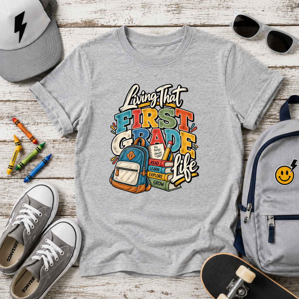 Kids "Living That First Grade Life" Back-to-School Graphic Shirt
