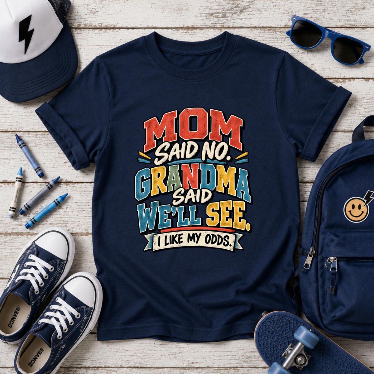 "Mom Said No, Grandma Said We'll See" Funny Retro Kids T‑Shirt