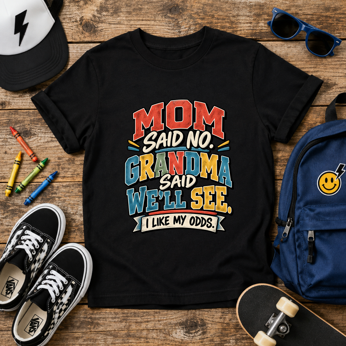 "Mom Said No, Grandma Said We'll See" Funny Retro Kids T‑Shirt