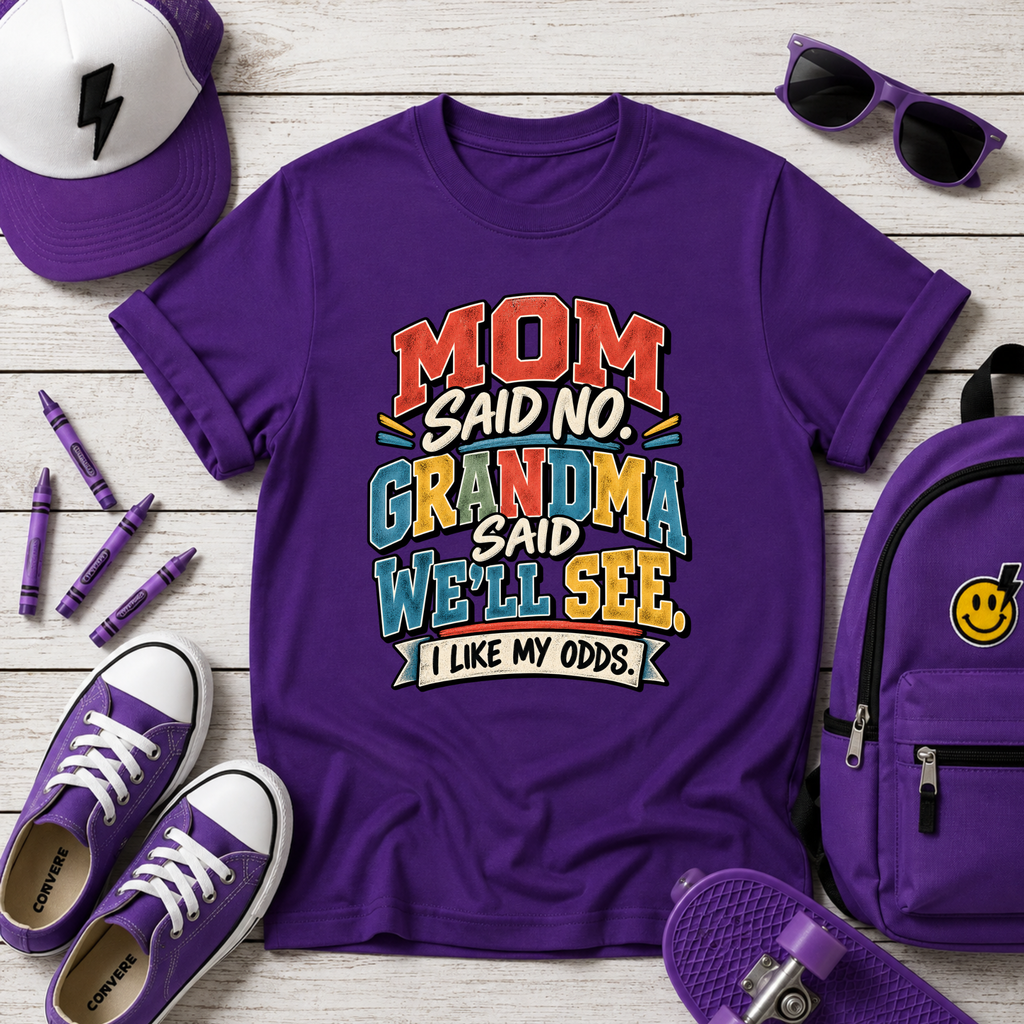 "Mom Said No, Grandma Said We'll See" Funny Retro Kids T‑Shirt