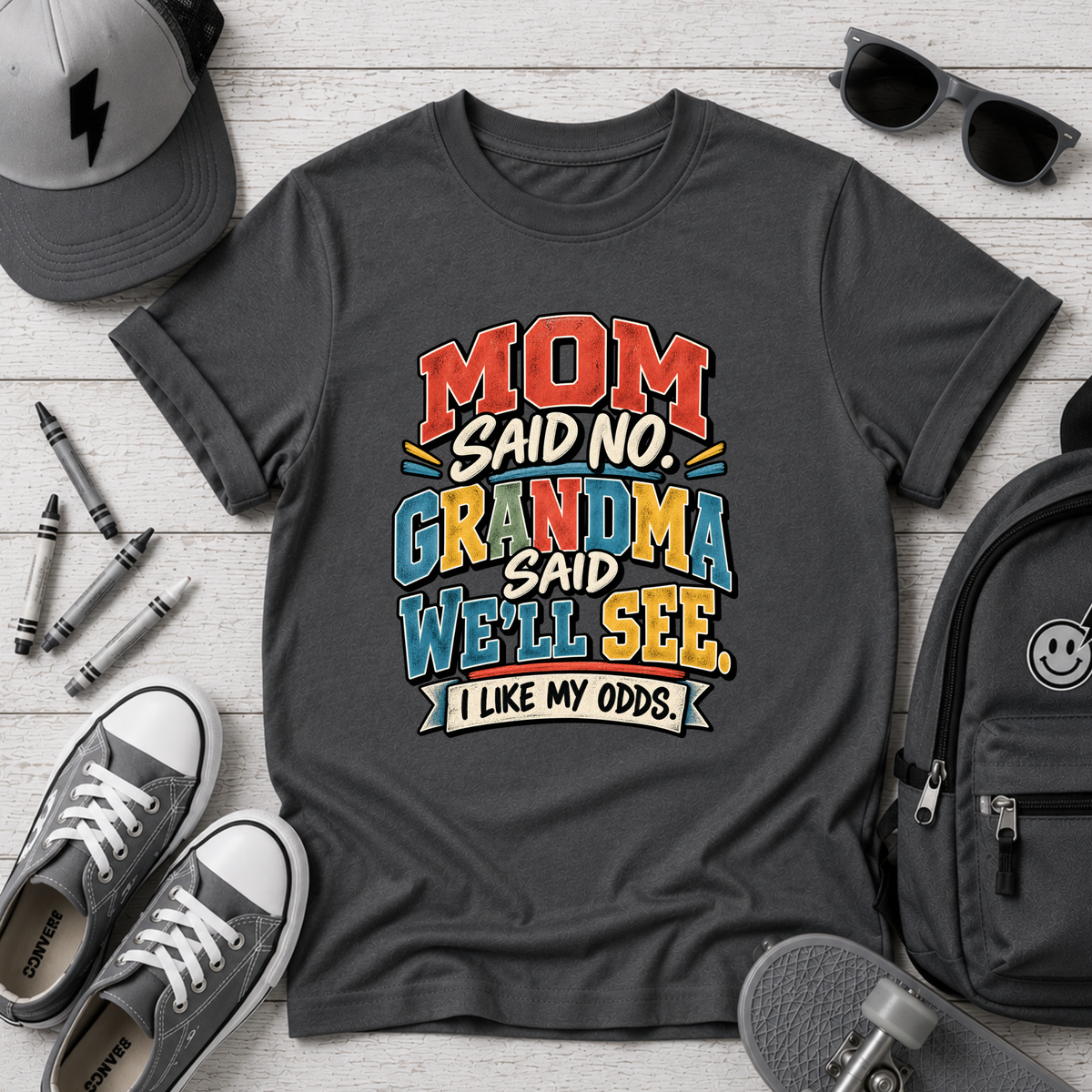 "Mom Said No, Grandma Said We'll See" Funny Retro Kids T‑Shirt