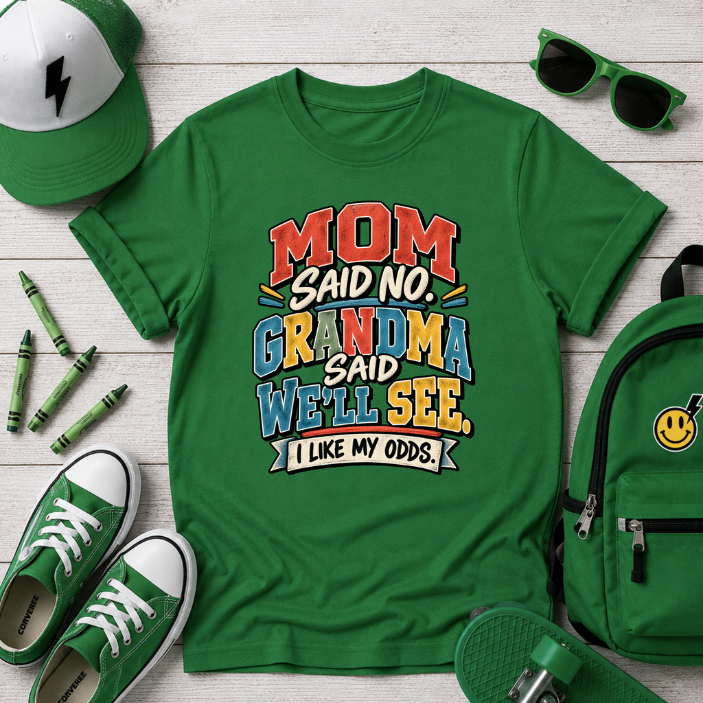 "Mom Said No, Grandma Said We'll See" Funny Retro Kids T‑Shirt