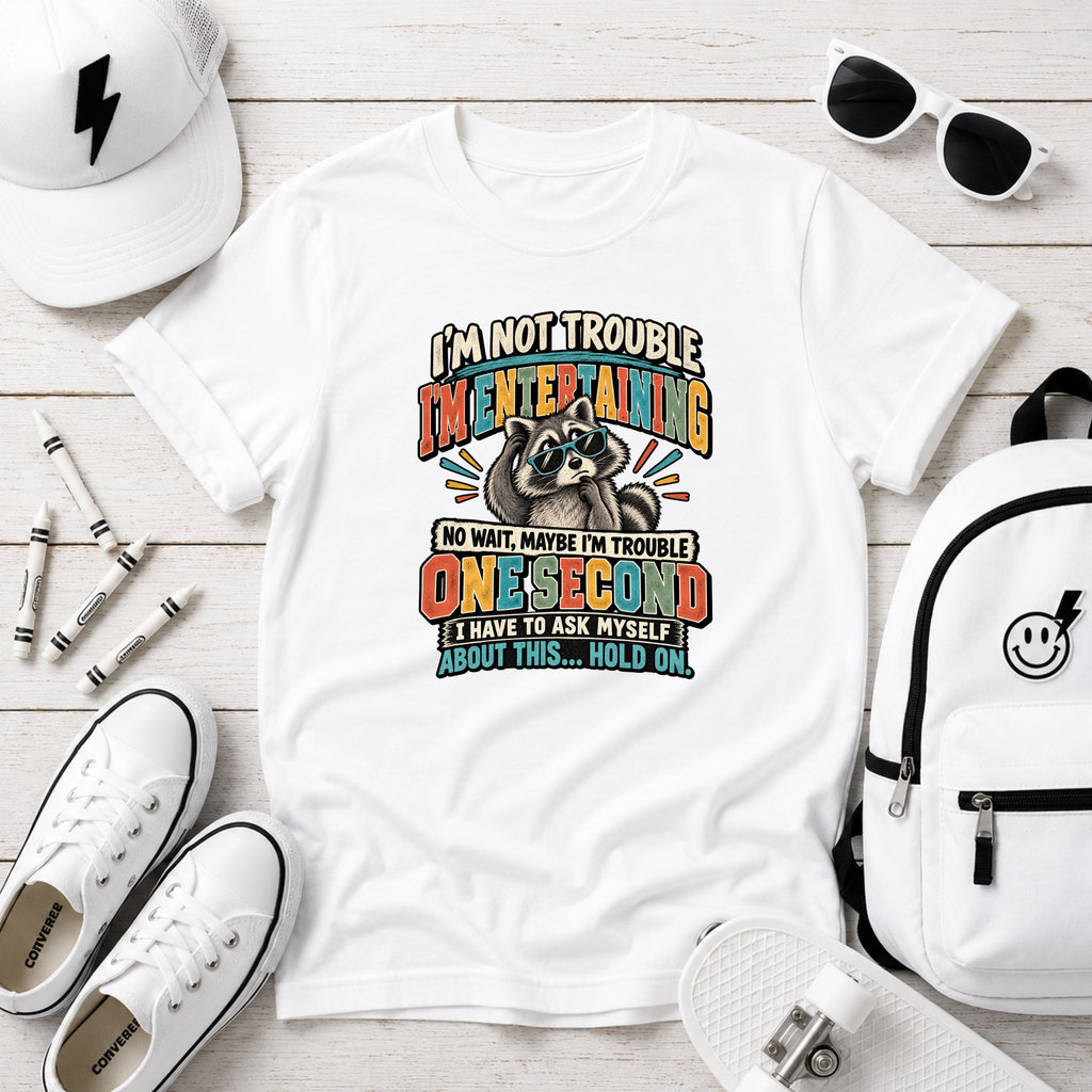 Funny Kids “I’m Not Trouble, I’m Metal Detecting… One Second” Raccoon Graphic T‑Shirt