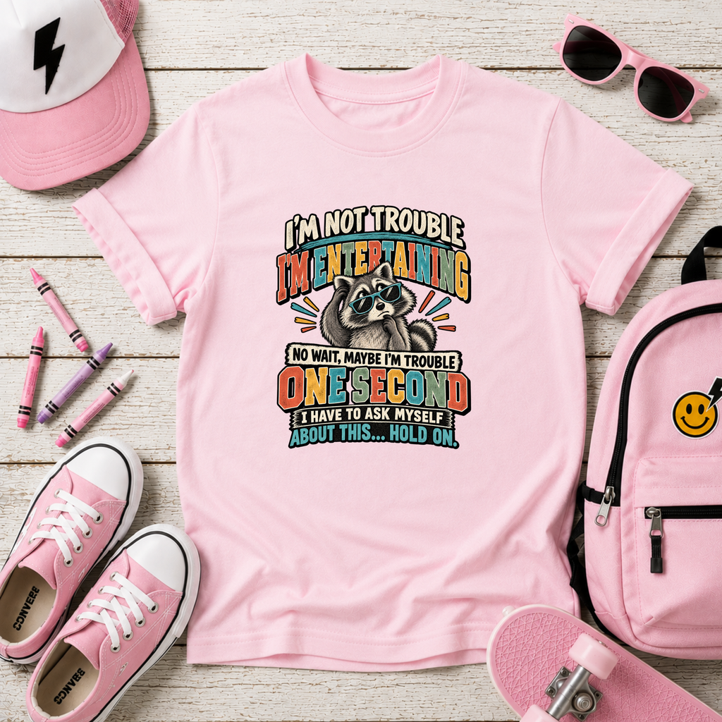 Funny Kids “I’m Not Trouble, I’m Metal Detecting… One Second” Raccoon Graphic T‑Shirt