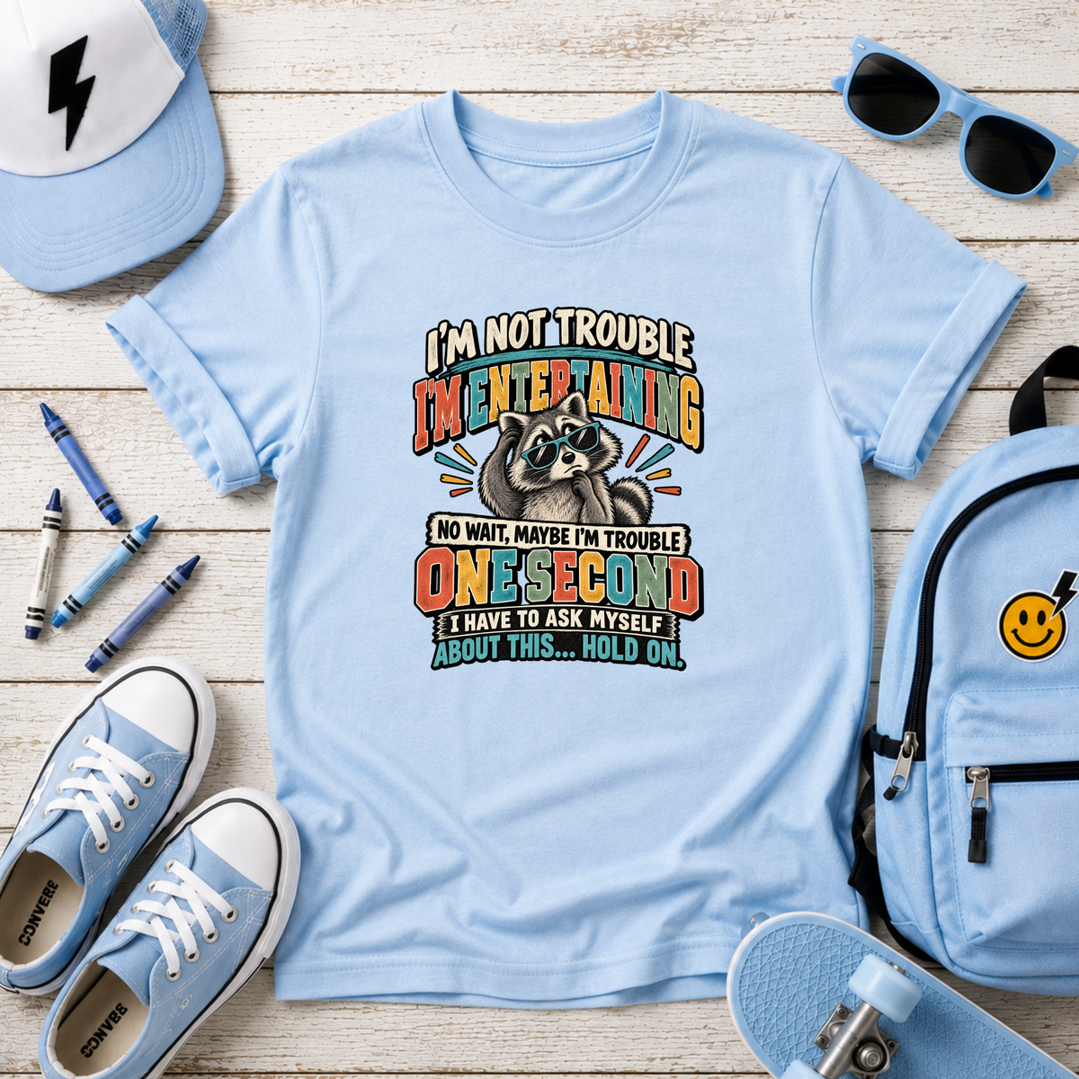 Funny Kids “I’m Not Trouble, I’m Metal Detecting… One Second” Raccoon Graphic T‑Shirt