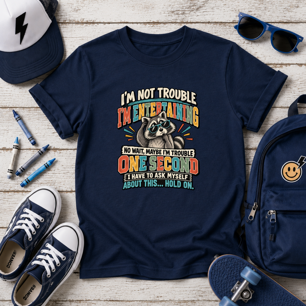 Funny Kids “I’m Not Trouble, I’m Metal Detecting… One Second” Raccoon Graphic T‑Shirt