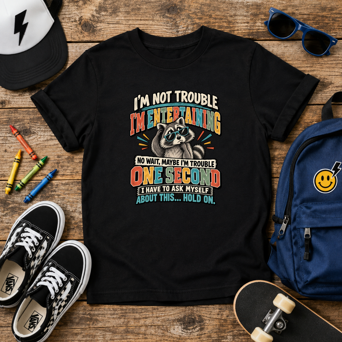 Funny Kids “I’m Not Trouble, I’m Metal Detecting… One Second” Raccoon Graphic T‑Shirt