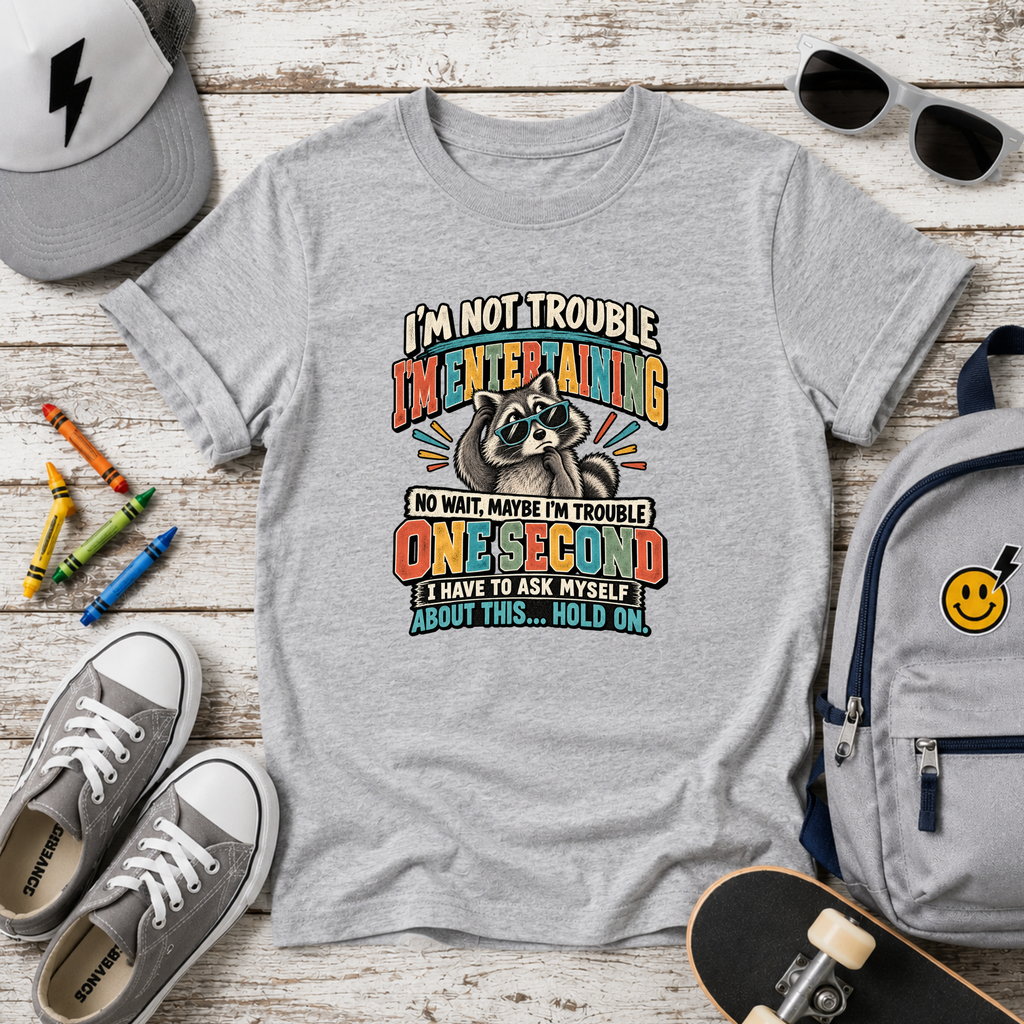 Funny Kids “I’m Not Trouble, I’m Metal Detecting… One Second” Raccoon Graphic T‑Shirt