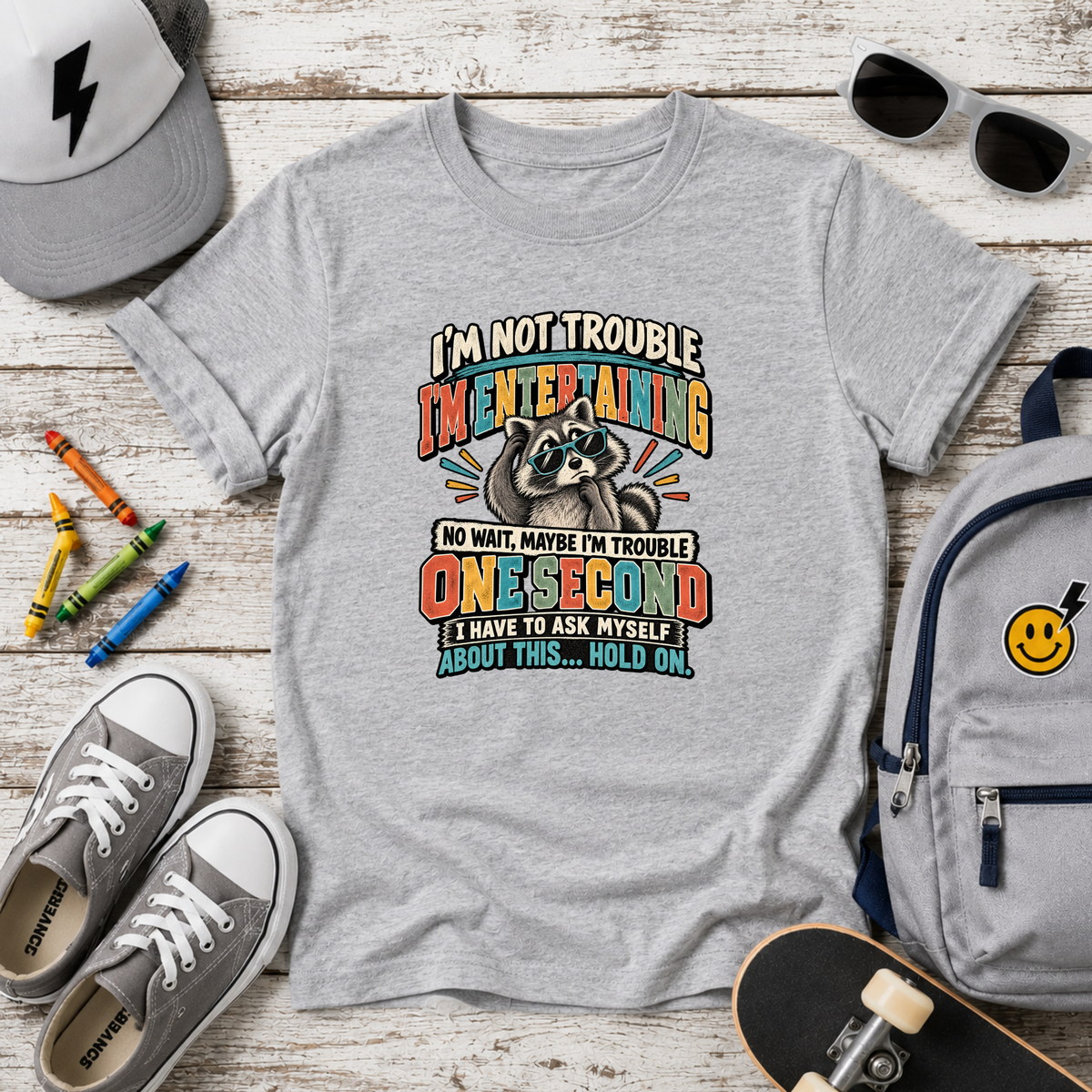 Funny Kids “I’m Not Trouble, I’m Metal Detecting… One Second” Raccoon Graphic T‑Shirt