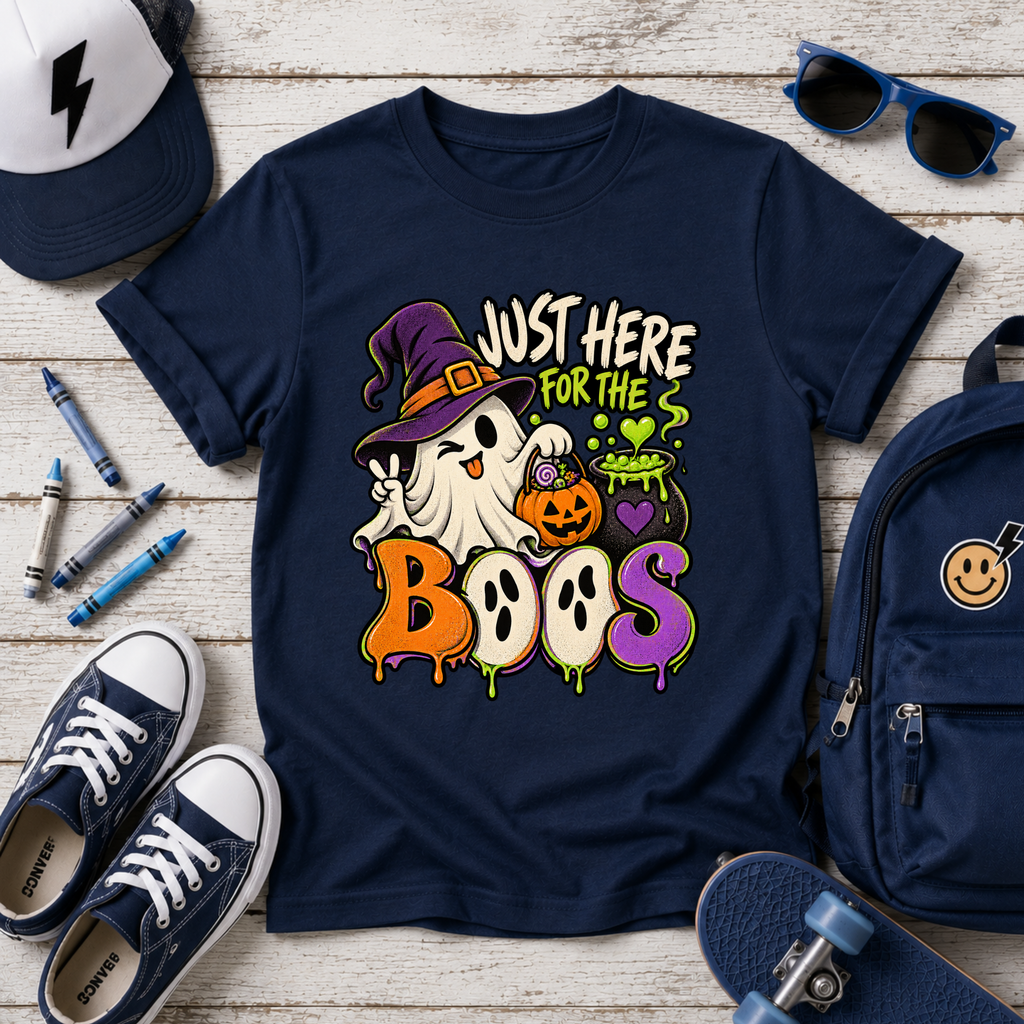 Kids Halloween Tee "Just Here for the Boos" Ghost & Pumpkin Costume Shirt