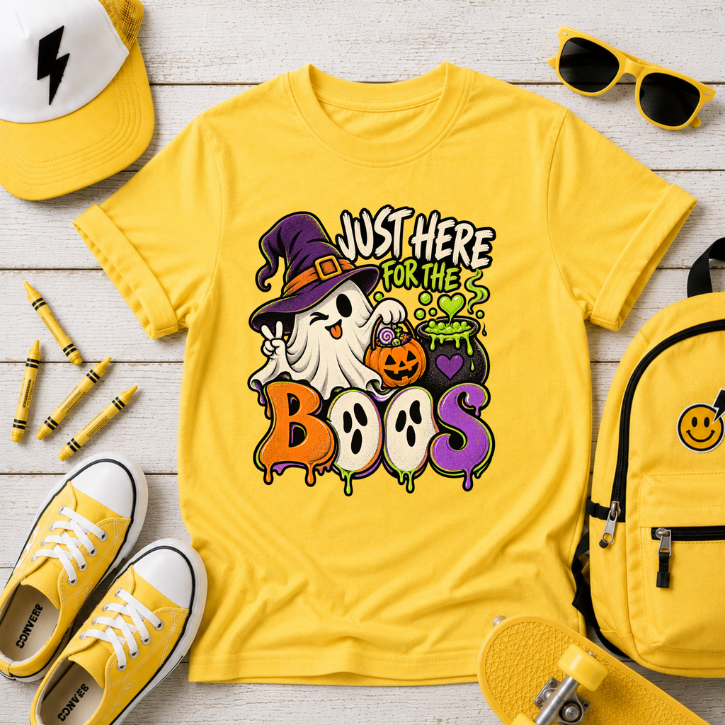 Kids Halloween Tee "Just Here for the Boos" Ghost & Pumpkin Costume Shirt