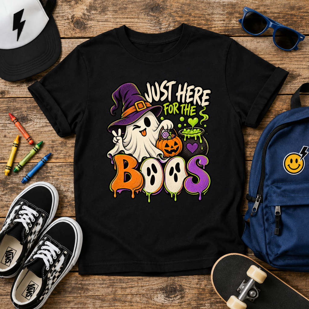 Kids Halloween Tee "Just Here for the Boos" Ghost & Pumpkin Costume Shirt