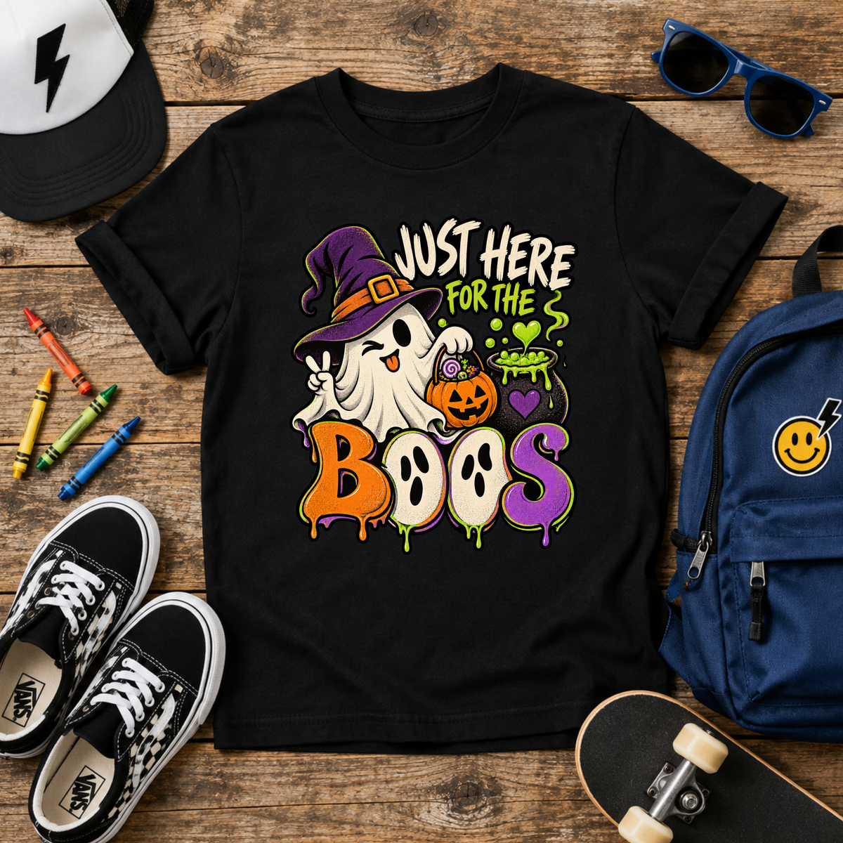 Kids Halloween Tee "Just Here for the Boos" Ghost & Pumpkin Costume Shirt