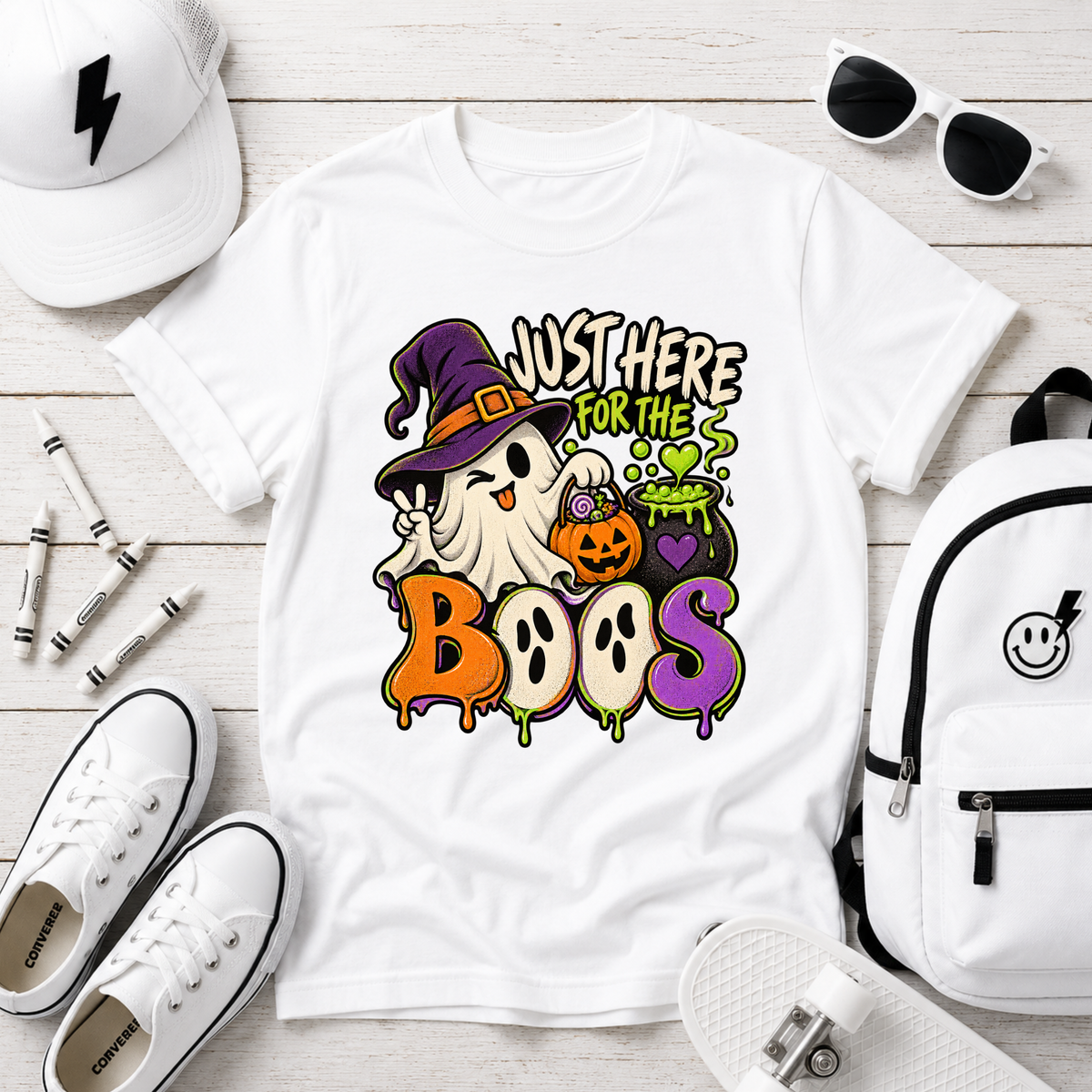 Kids Halloween Tee "Just Here for the Boos" Ghost & Pumpkin Costume Shirt