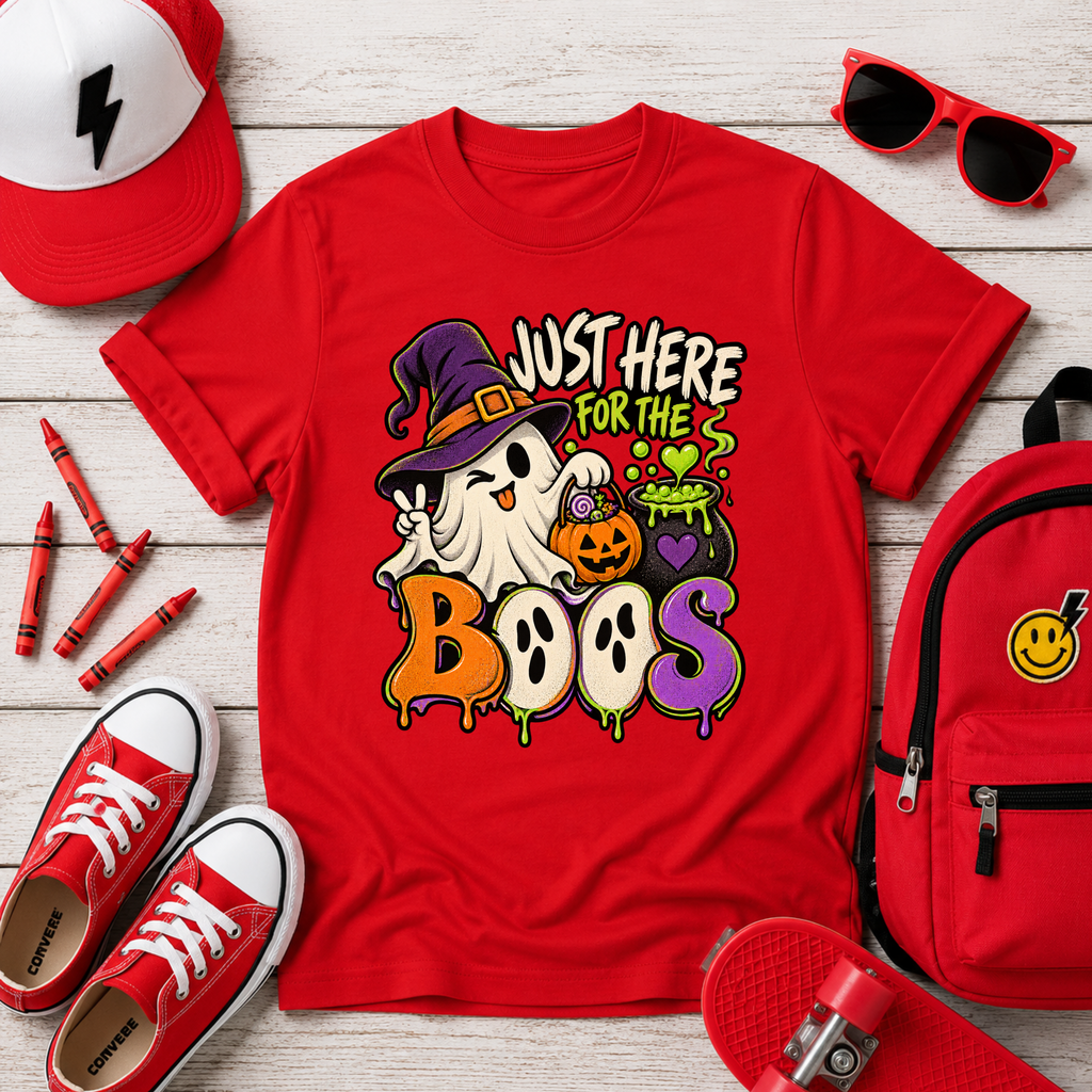 Kids Halloween Tee "Just Here for the Boos" Ghost & Pumpkin Costume Shirt