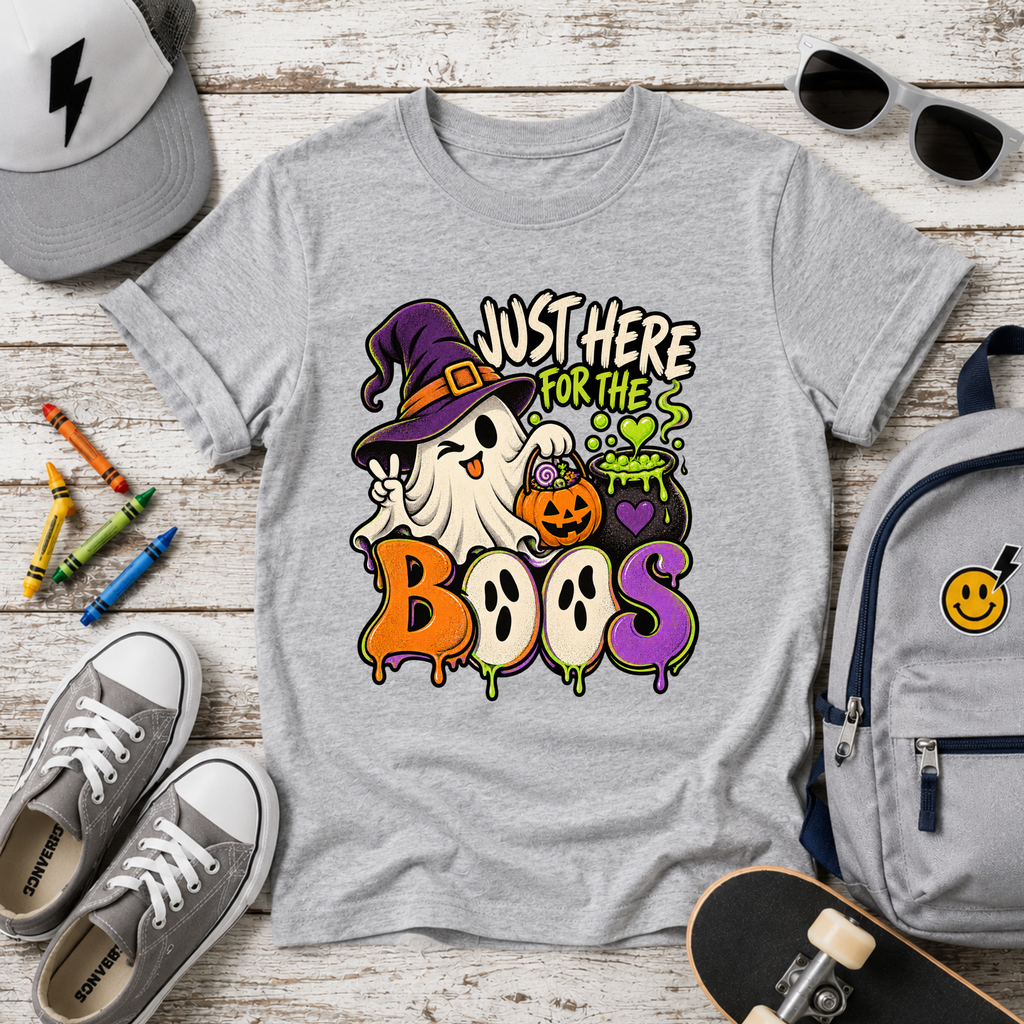 Kids Halloween Tee "Just Here for the Boos" Ghost & Pumpkin Costume Shirt