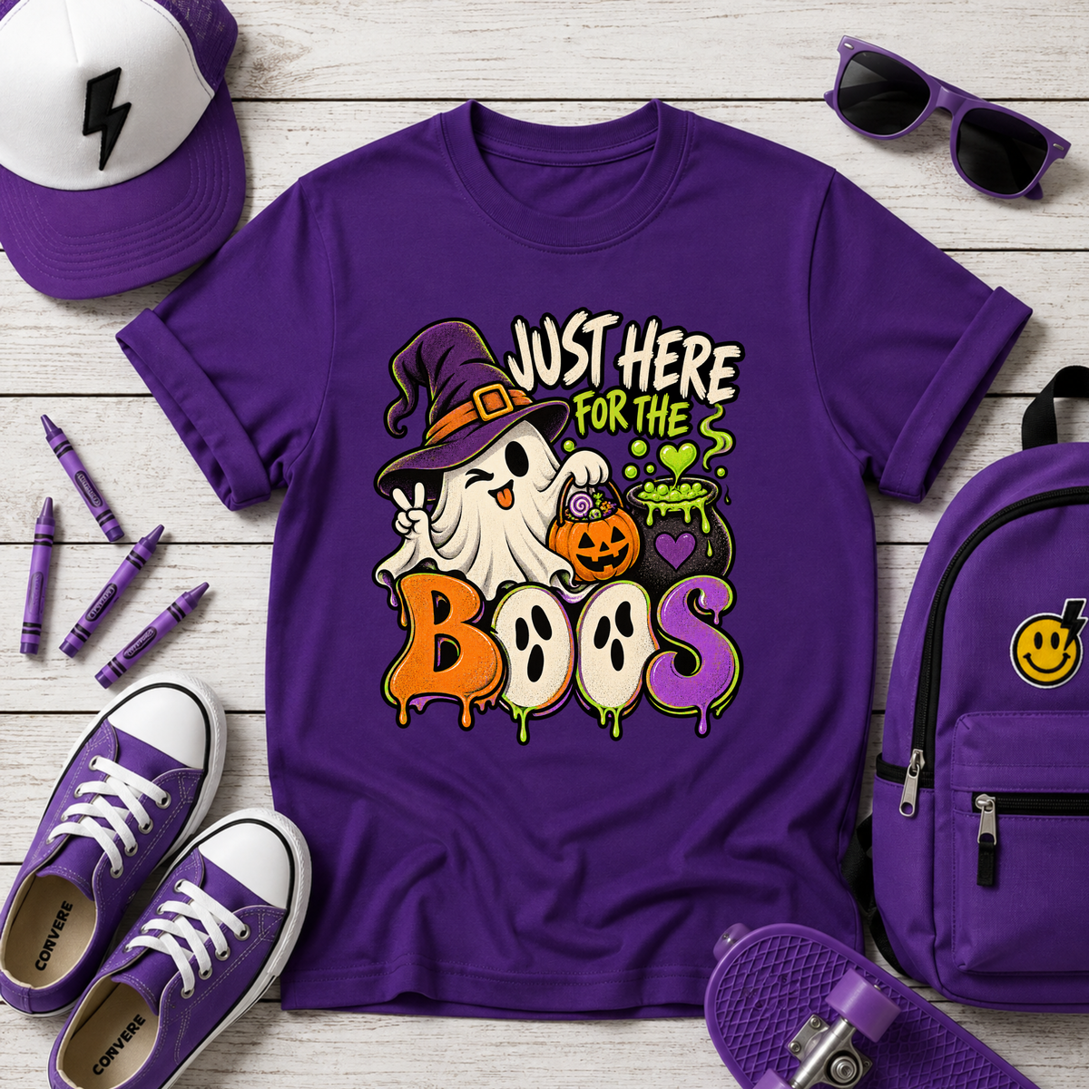 Kids Halloween Tee "Just Here for the Boos" Ghost & Pumpkin Costume Shirt