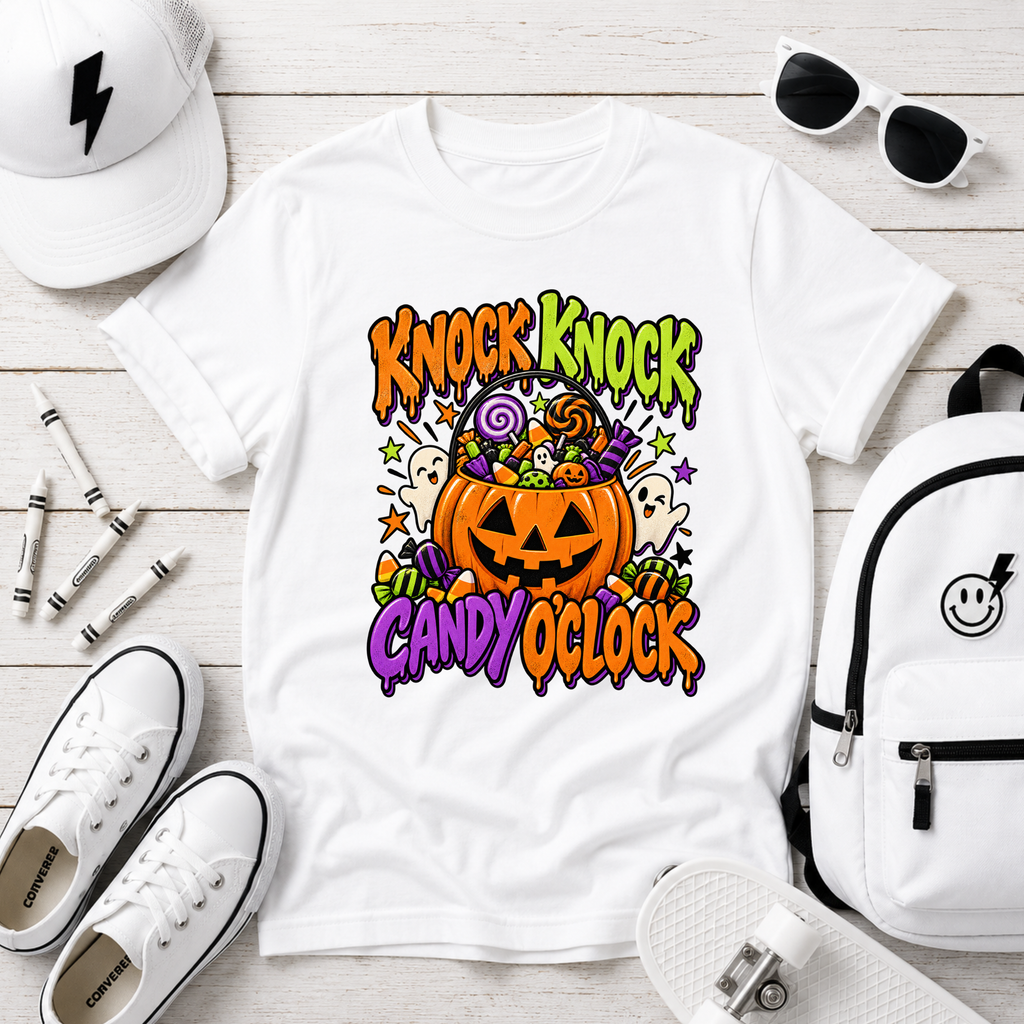 Kids "Knock Knock Candy O'Clock" Halloween Pumpkin Trick-or-Treat Shirt