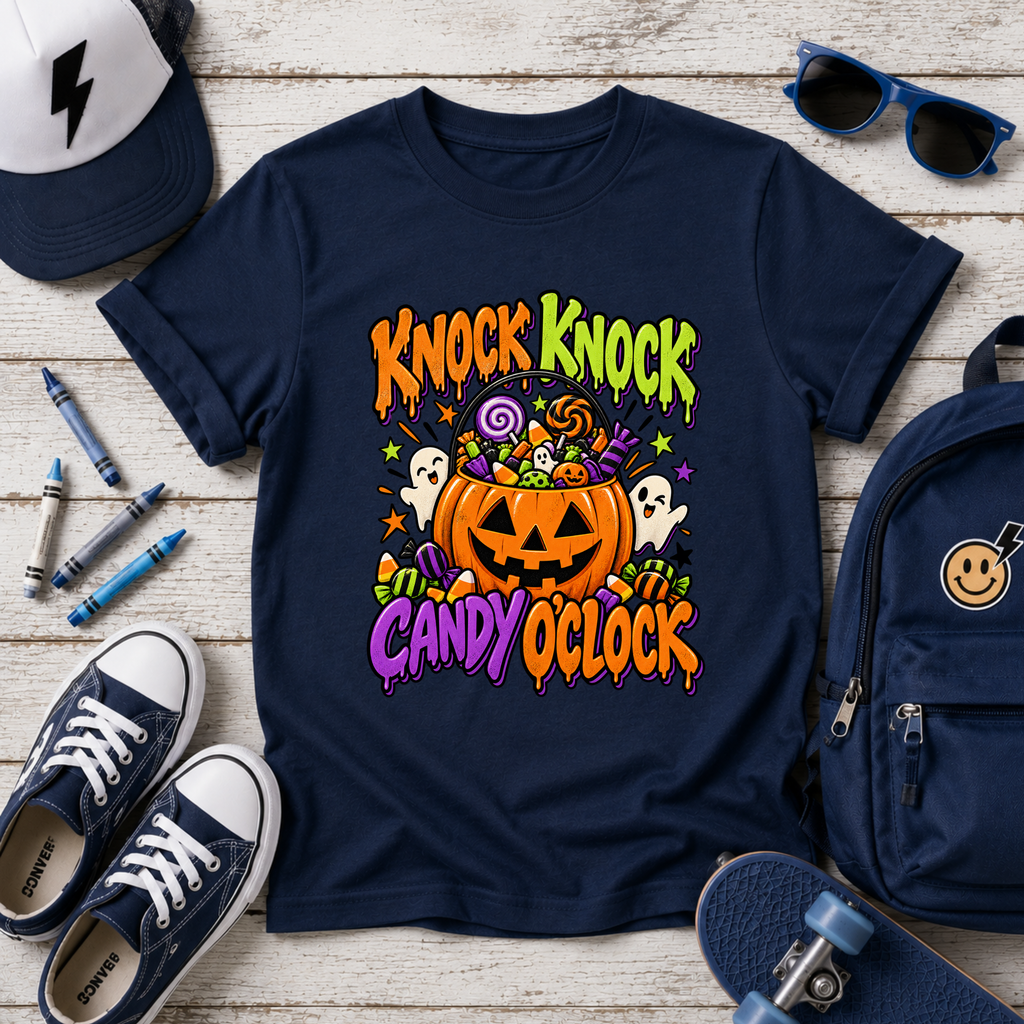 Kids "Knock Knock Candy O'Clock" Halloween Pumpkin Trick-or-Treat Shirt