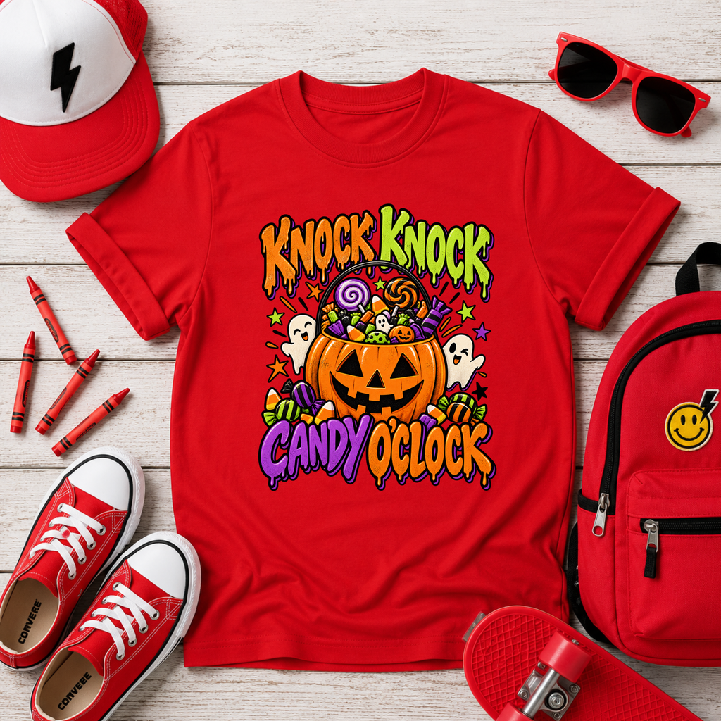 Kids "Knock Knock Candy O'Clock" Halloween Pumpkin Trick-or-Treat Shirt