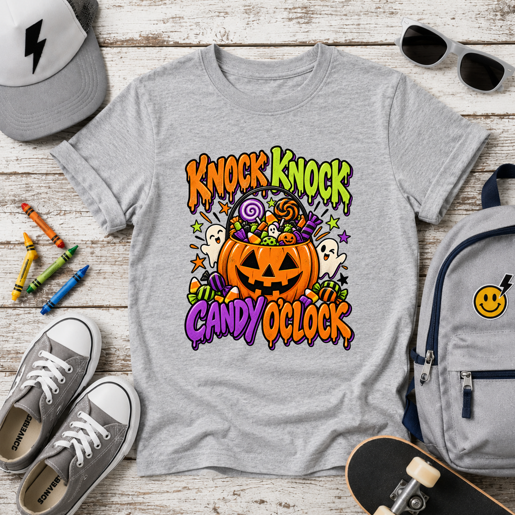 Kids "Knock Knock Candy O'Clock" Halloween Pumpkin Trick-or-Treat Shirt