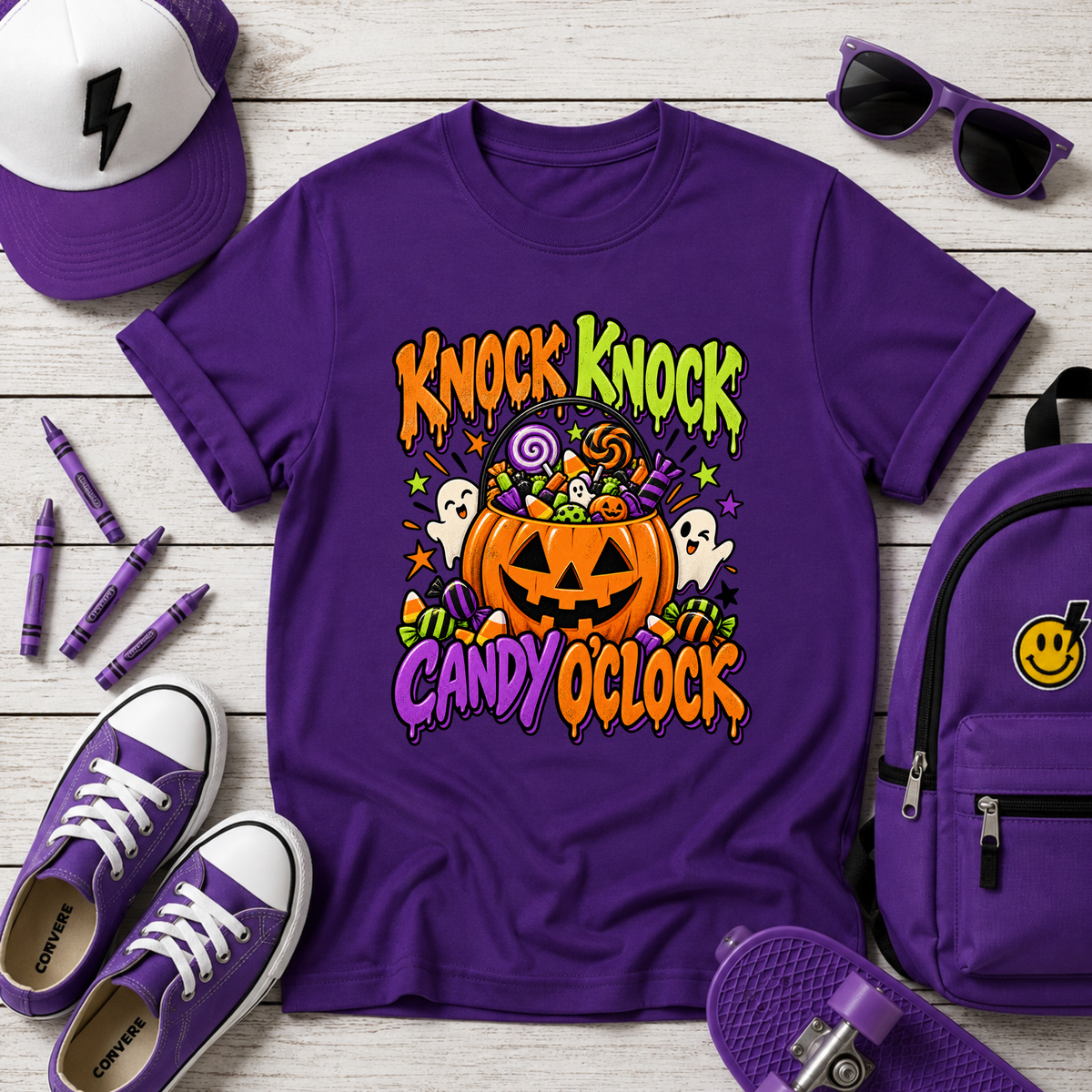 Kids "Knock Knock Candy O'Clock" Halloween Pumpkin Trick-or-Treat Shirt
