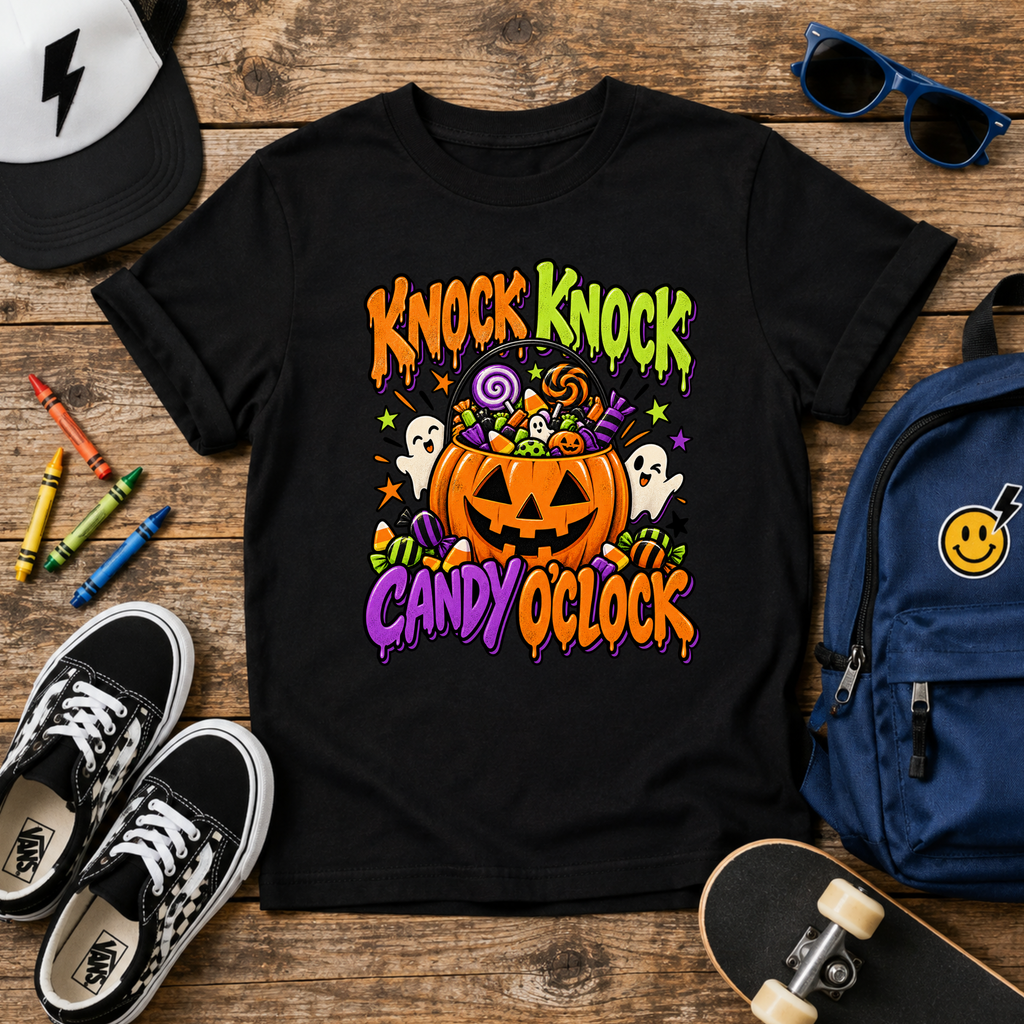Kids "Knock Knock Candy O'Clock" Halloween Pumpkin Trick-or-Treat Shirt