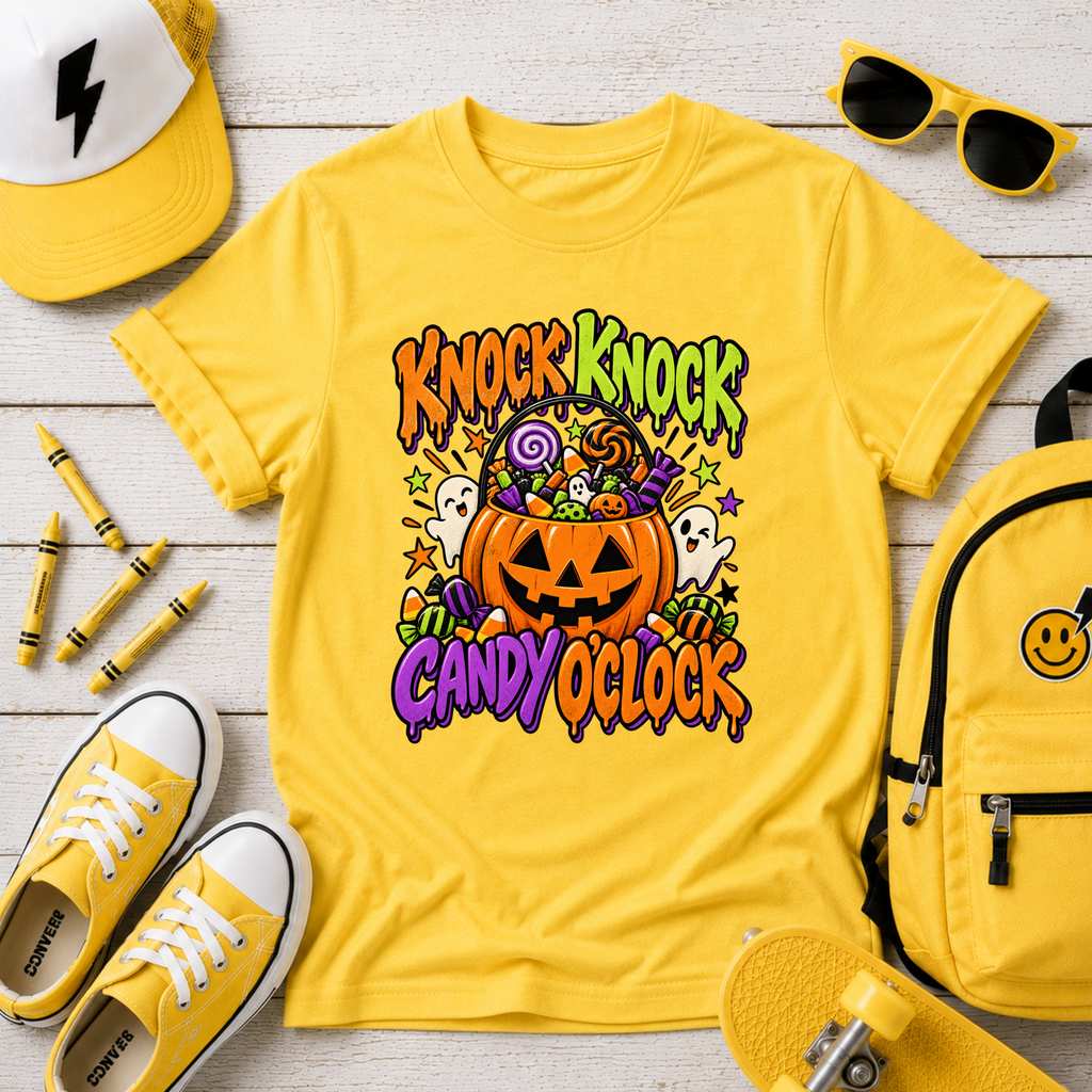 Kids "Knock Knock Candy O'Clock" Halloween Pumpkin Trick-or-Treat Shirt