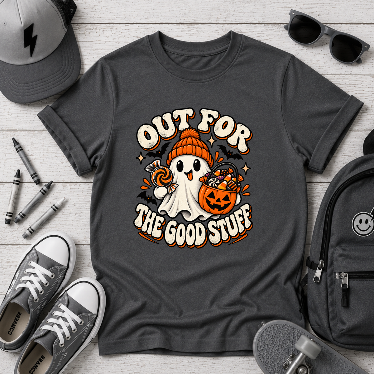 Kids Halloween T‑Shirt  "Out For The Good Stuff" Ghost Trick-or-Treat