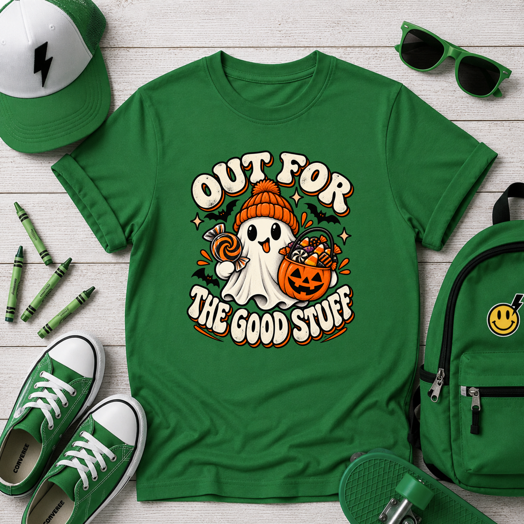 Kids Halloween T‑Shirt  "Out For The Good Stuff" Ghost Trick-or-Treat