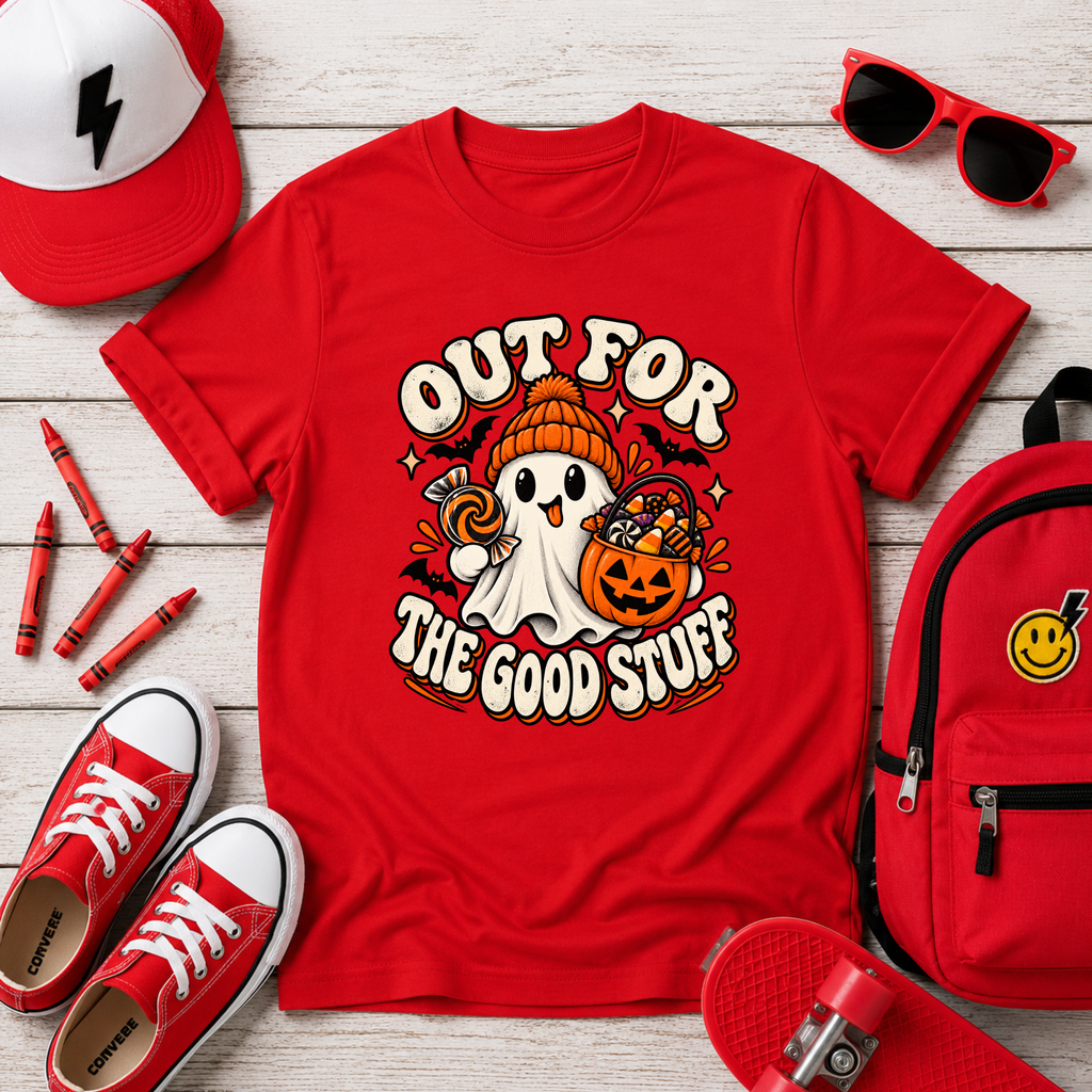 Kids Halloween T‑Shirt  "Out For The Good Stuff" Ghost Trick-or-Treat