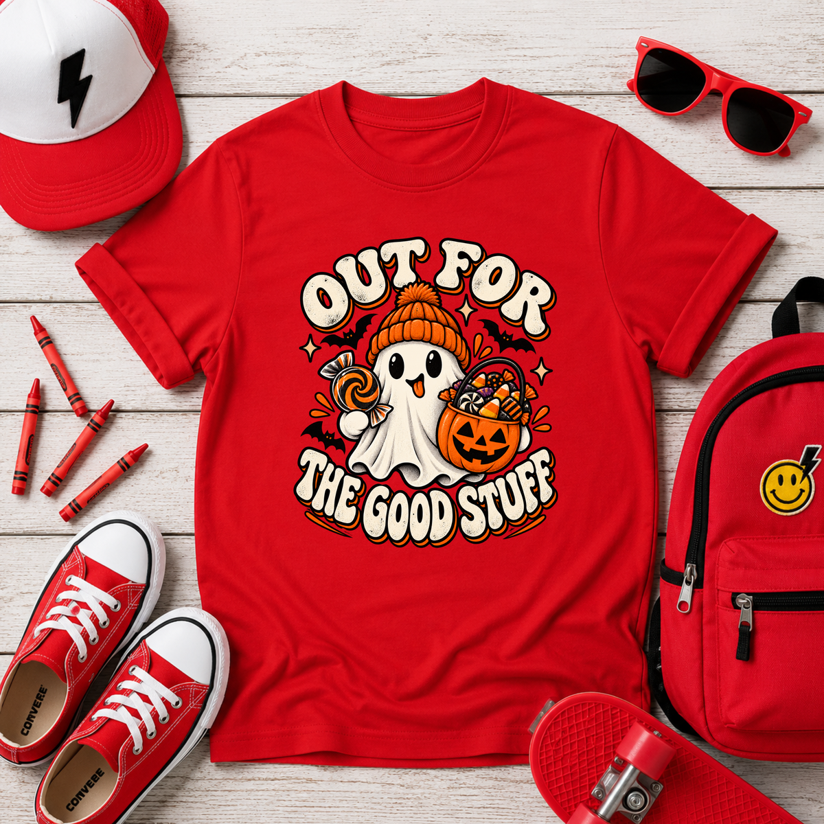 Kids Halloween T‑Shirt  "Out For The Good Stuff" Ghost Trick-or-Treat