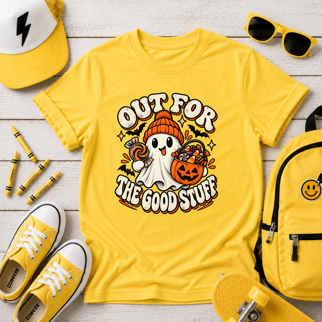 Kids Halloween T‑Shirt  "Out For The Good Stuff" Ghost Trick-or-Treat