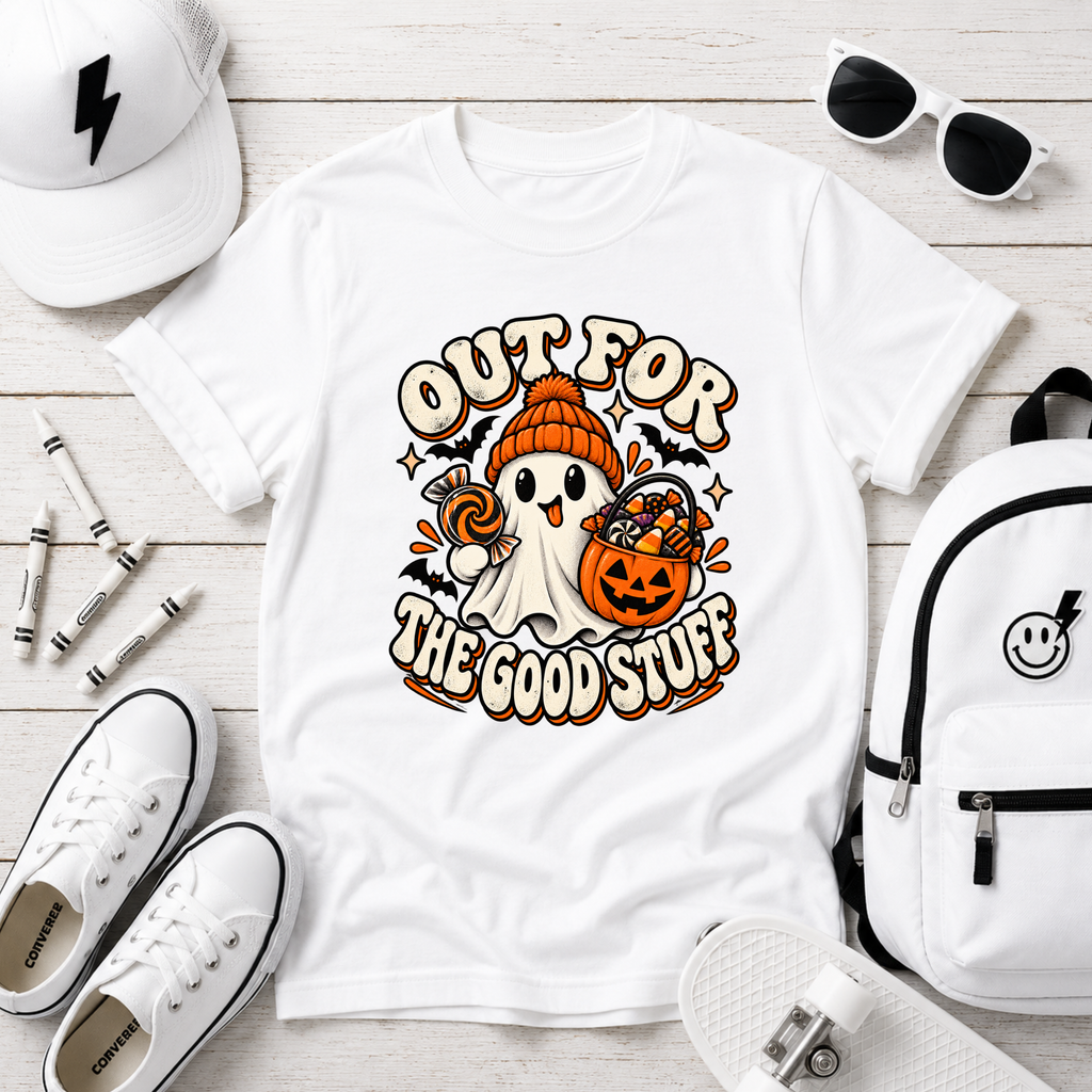 Kids Halloween T‑Shirt  "Out For The Good Stuff" Ghost Trick-or-Treat