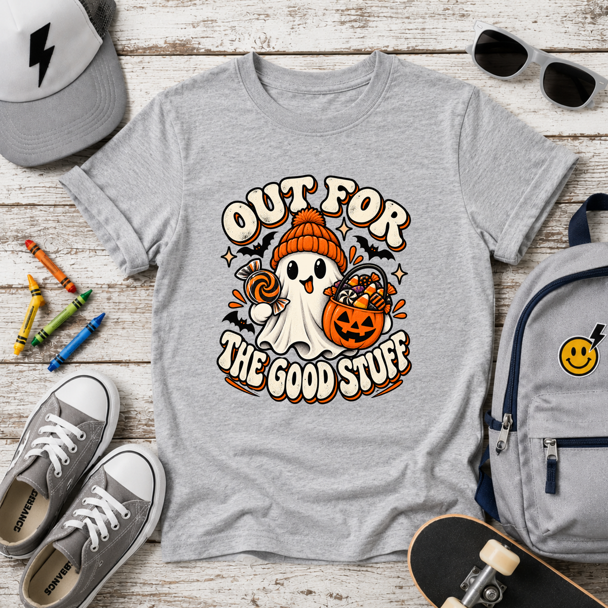 Kids Halloween T‑Shirt  "Out For The Good Stuff" Ghost Trick-or-Treat