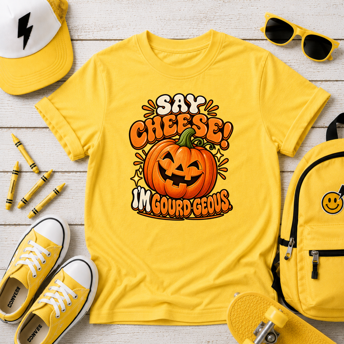 Kids Halloween T-Shirt - "Say Cheese! I'm Gourd-geous" Pumpkin Tee