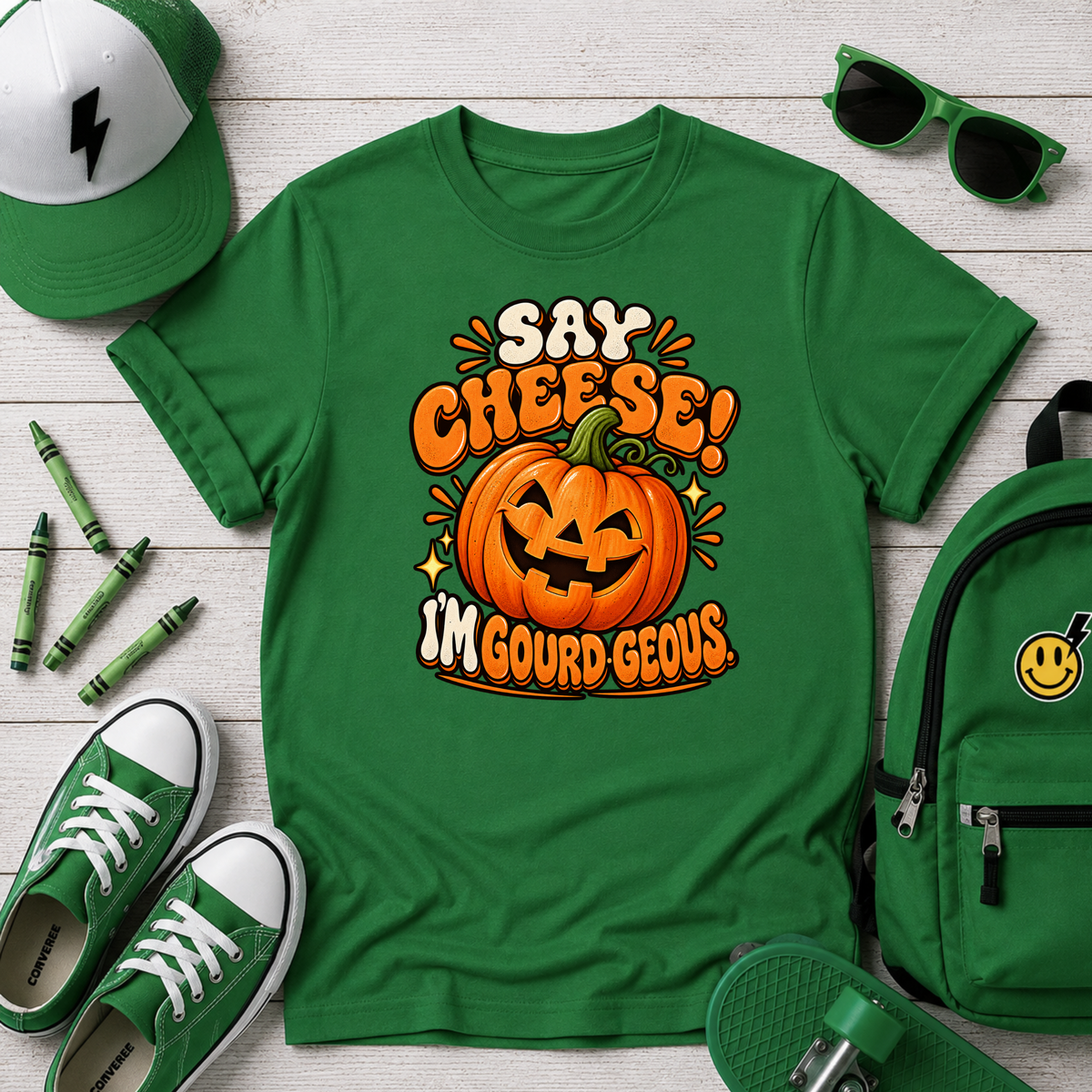 Kids Halloween T-Shirt - "Say Cheese! I'm Gourd-geous" Pumpkin Tee